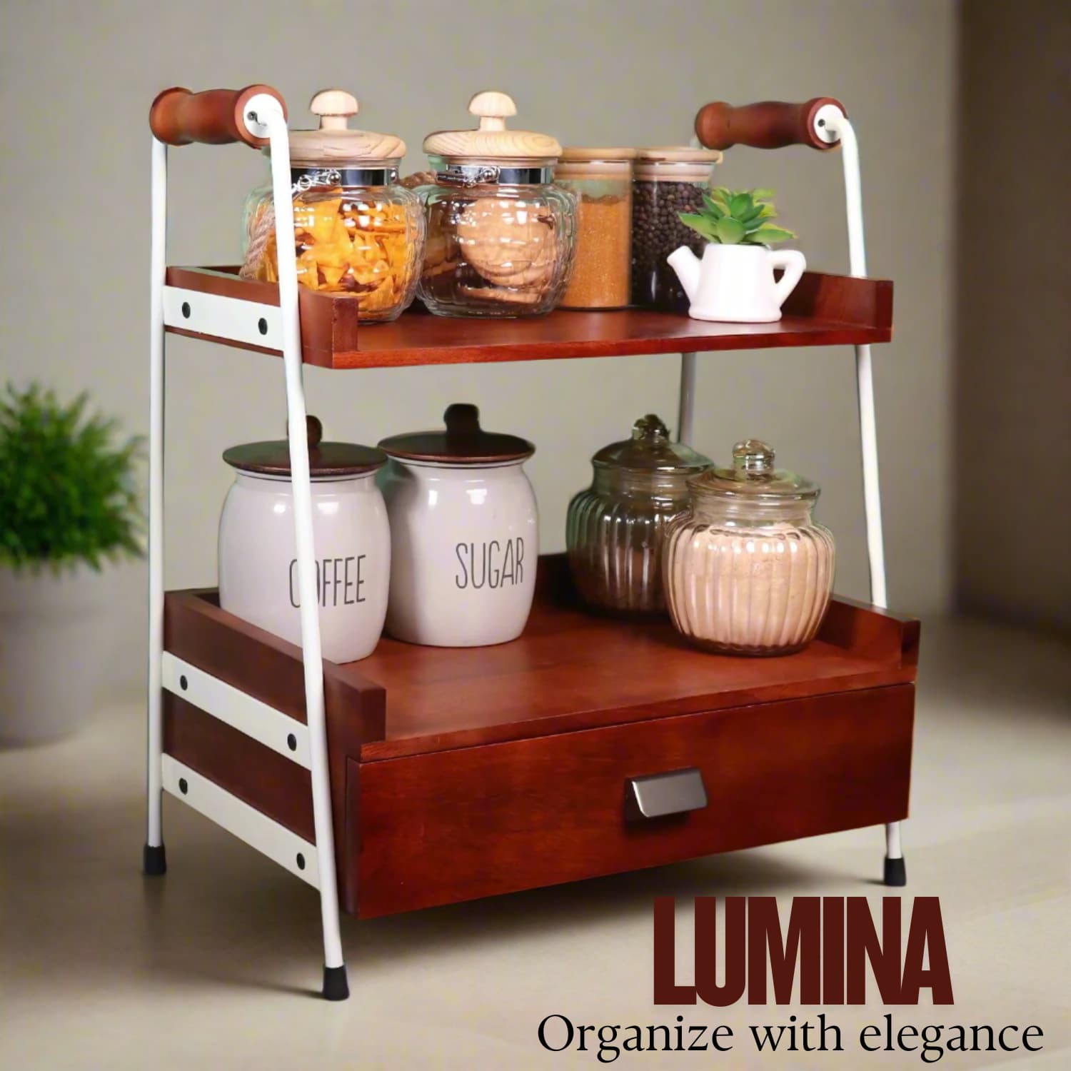 loosebucket Wooden kitchen Organizer with storage jars and a drawer, branded 'Lumina'.