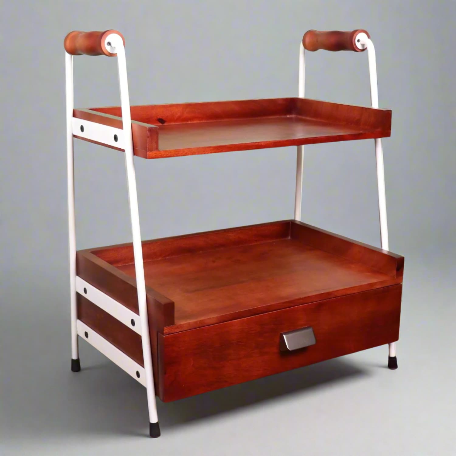 loosebucket Two-tiered wooden serving Rack with white handles on a gray background