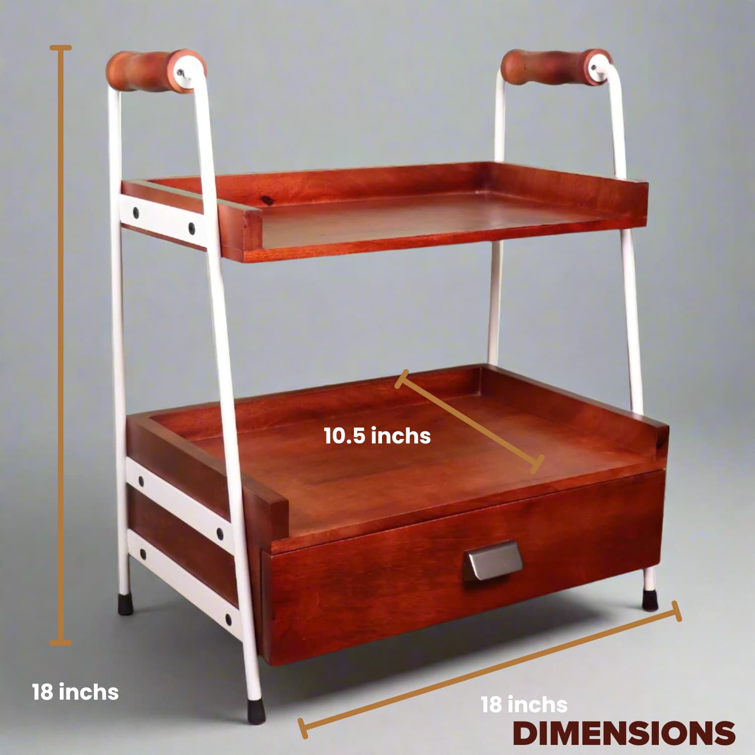 Loosebucket Two-tiered Wooden Kitchen organizer with measurements on a gray background