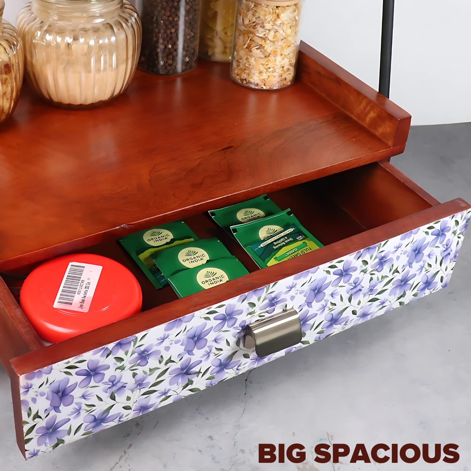 Loosebucket Whispering petals wooden kitchen organizer displaying the usage with kitchen jars and storage capacity