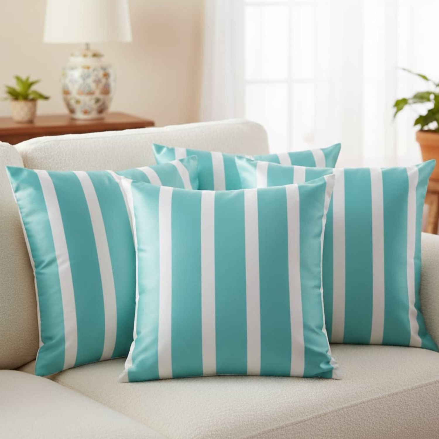 Loosebucket Teal and white striped pillows on a beige sofa in a living room setting.
