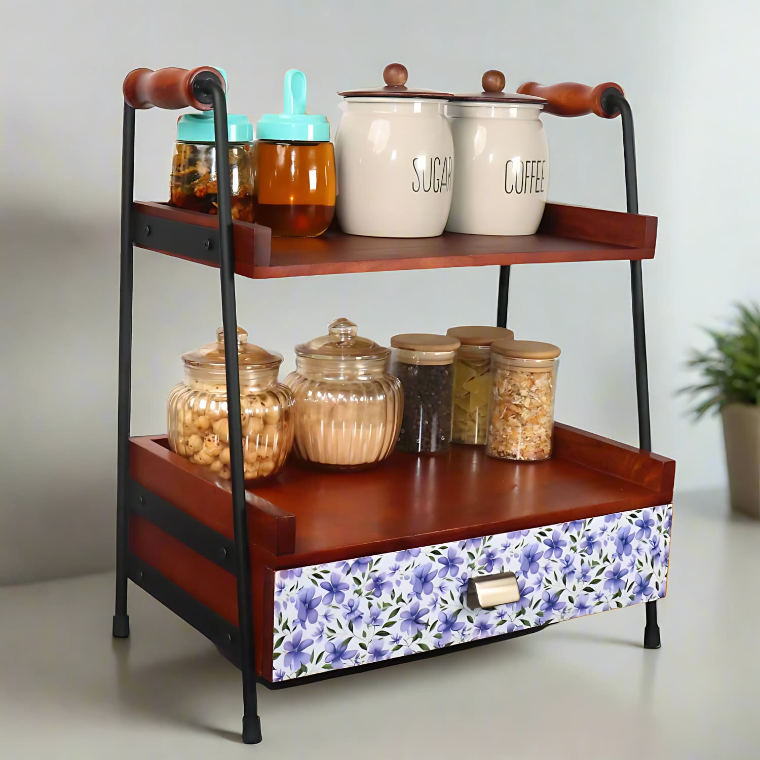 Loosebucket Whispering petals wooden kitchen organizer displaying the usage with kitchen jars and stuffs