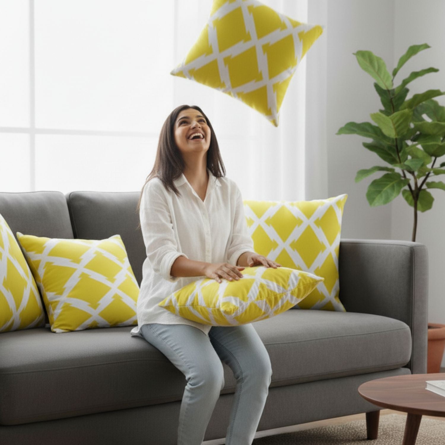 Loosebucket Lemon Shot Cushion Covers  the model playing with cushion covers