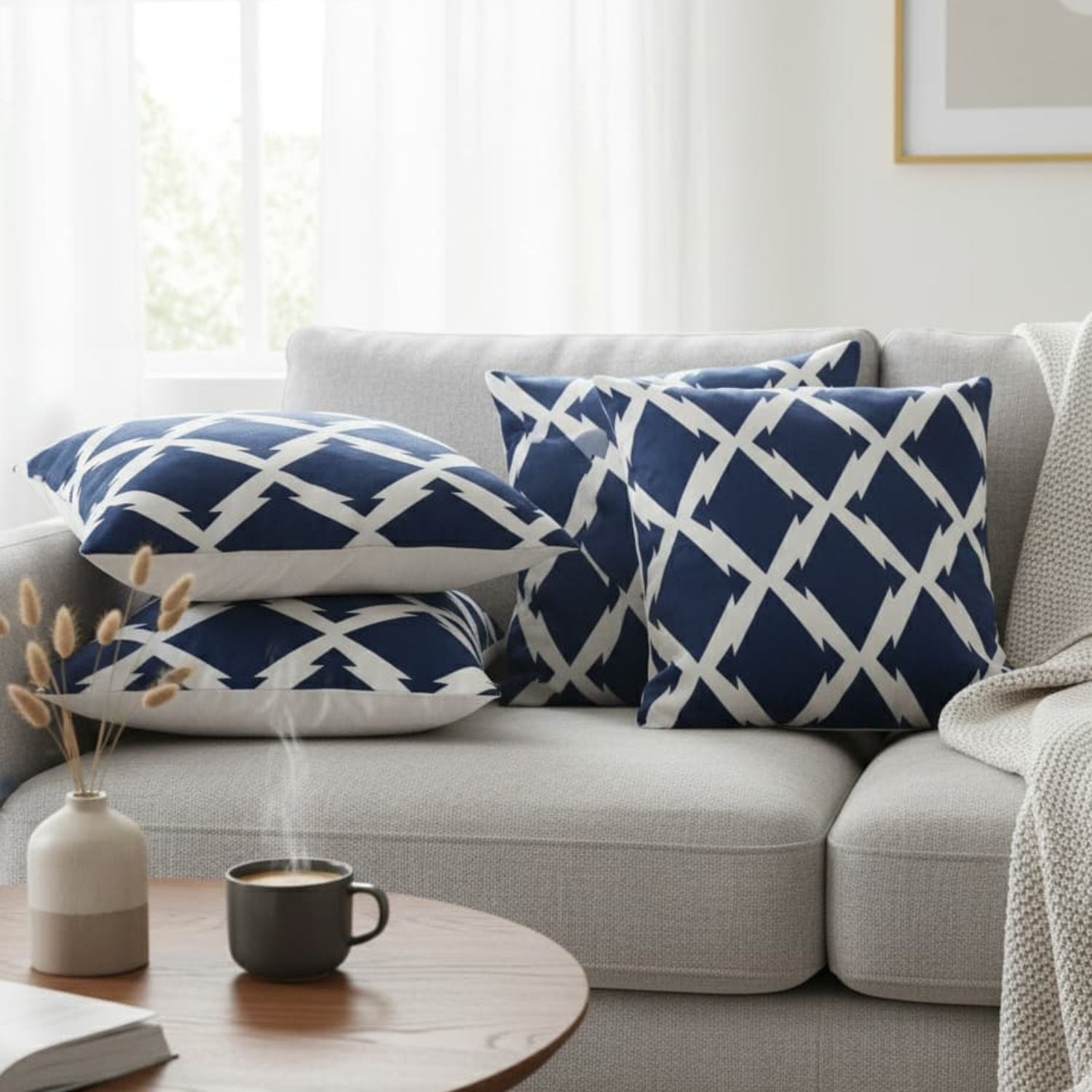 Blue Ray Velvet Cushion covers,Gray sofa with blue and white patterned cushions, coffee on a small table, and a vase with plants.