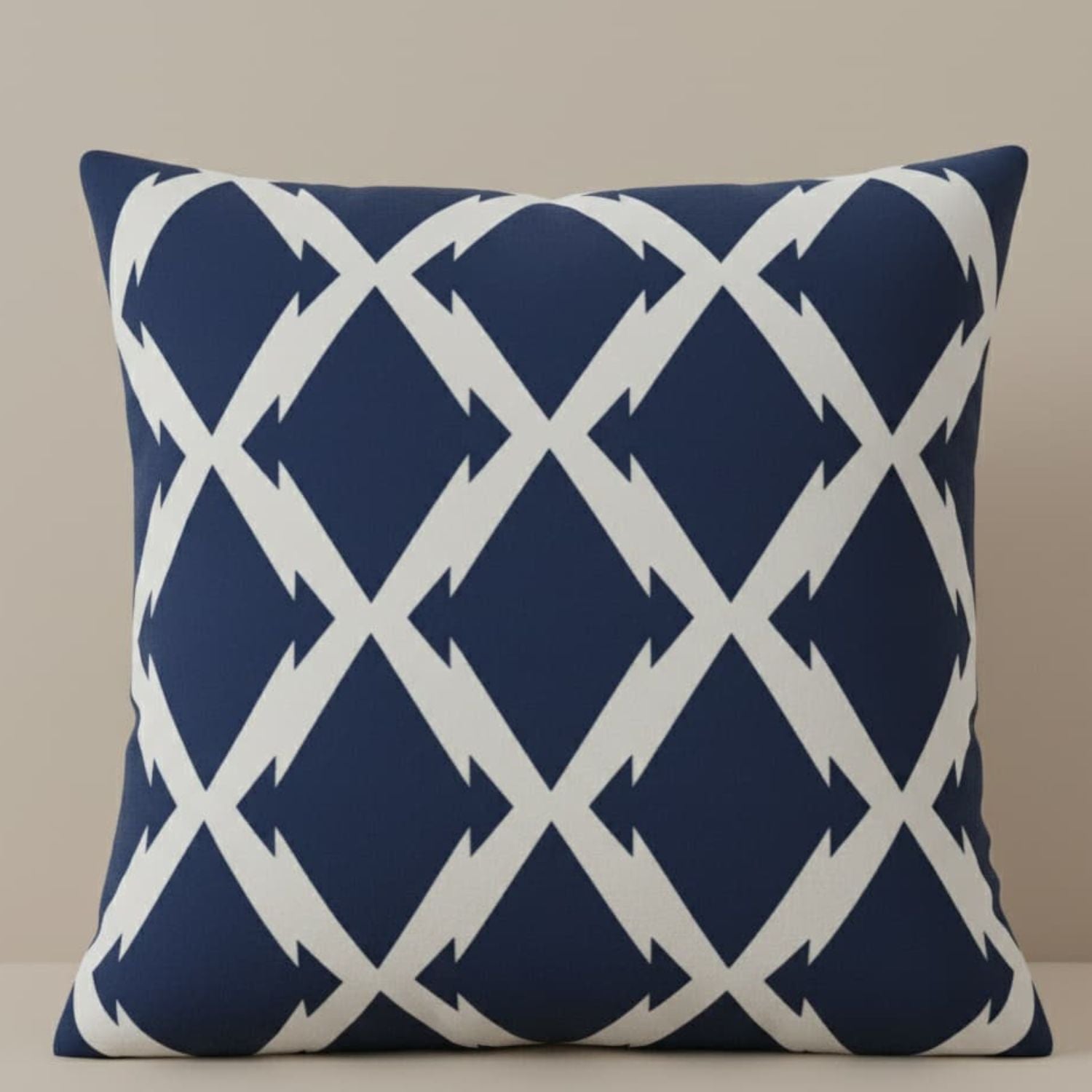 Blue Ray Velvet Cushion covers Navy blue pillow with white geometric pattern on a beige background