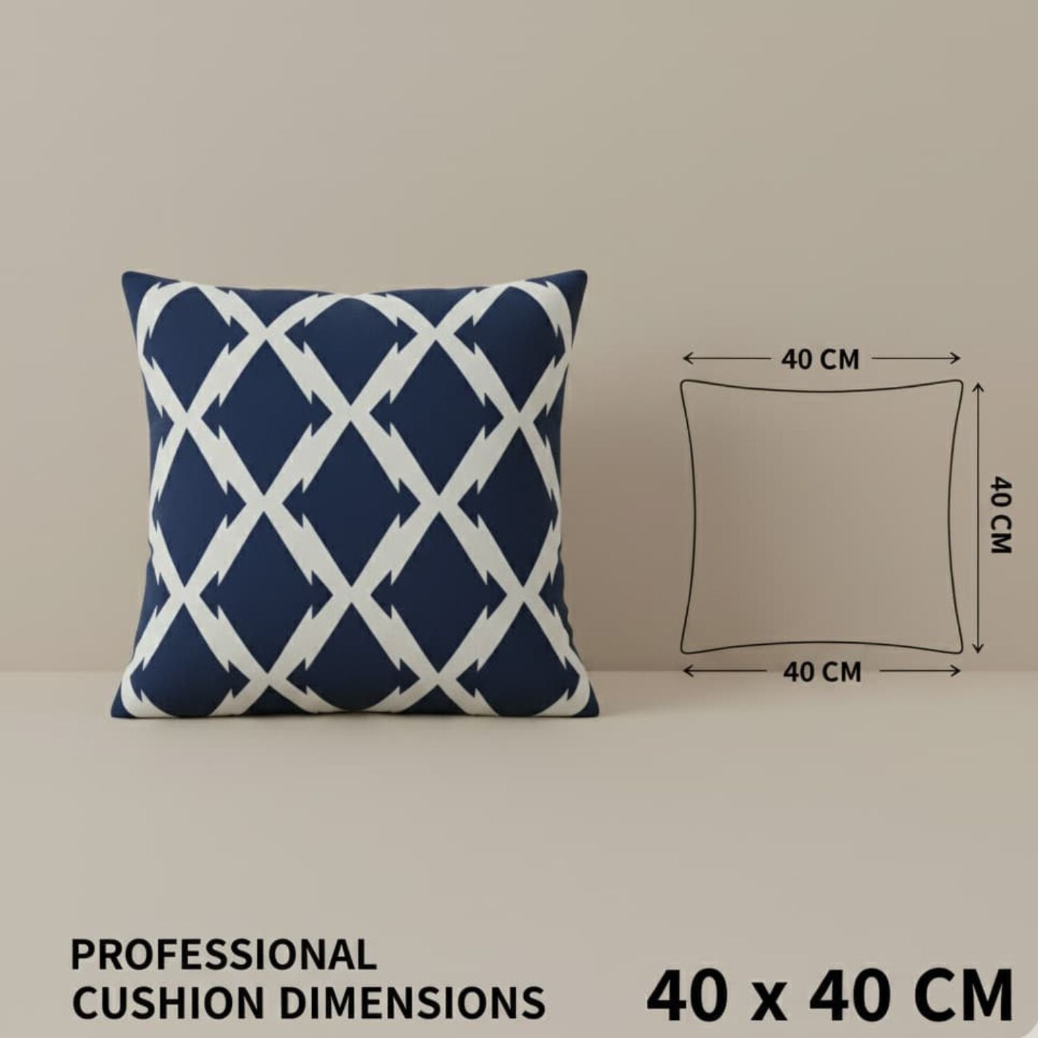 Blue Ray Velvet Cushion covers Navy blue cushion with white pattern on a beige background, dimensions indicated.