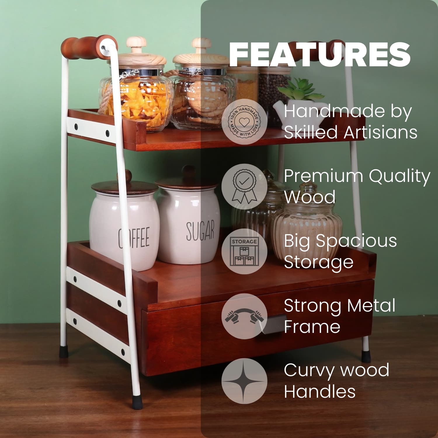 Loosebucket Wooden storage shelf with labeled features on a green background