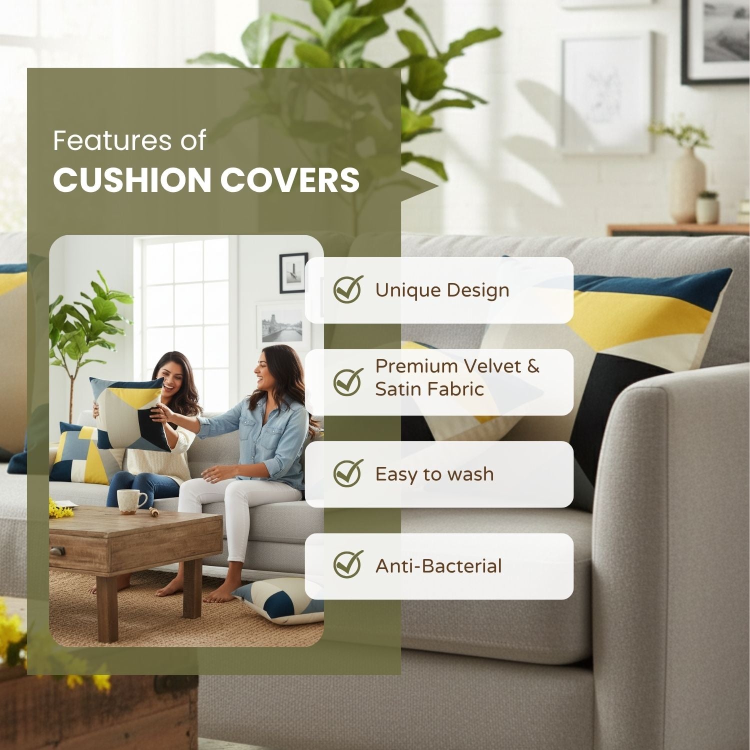 Loosebucket Velvet Cuddle Cushion Covers Living room with a sofa and cushions, featuring text on cushion cover features.