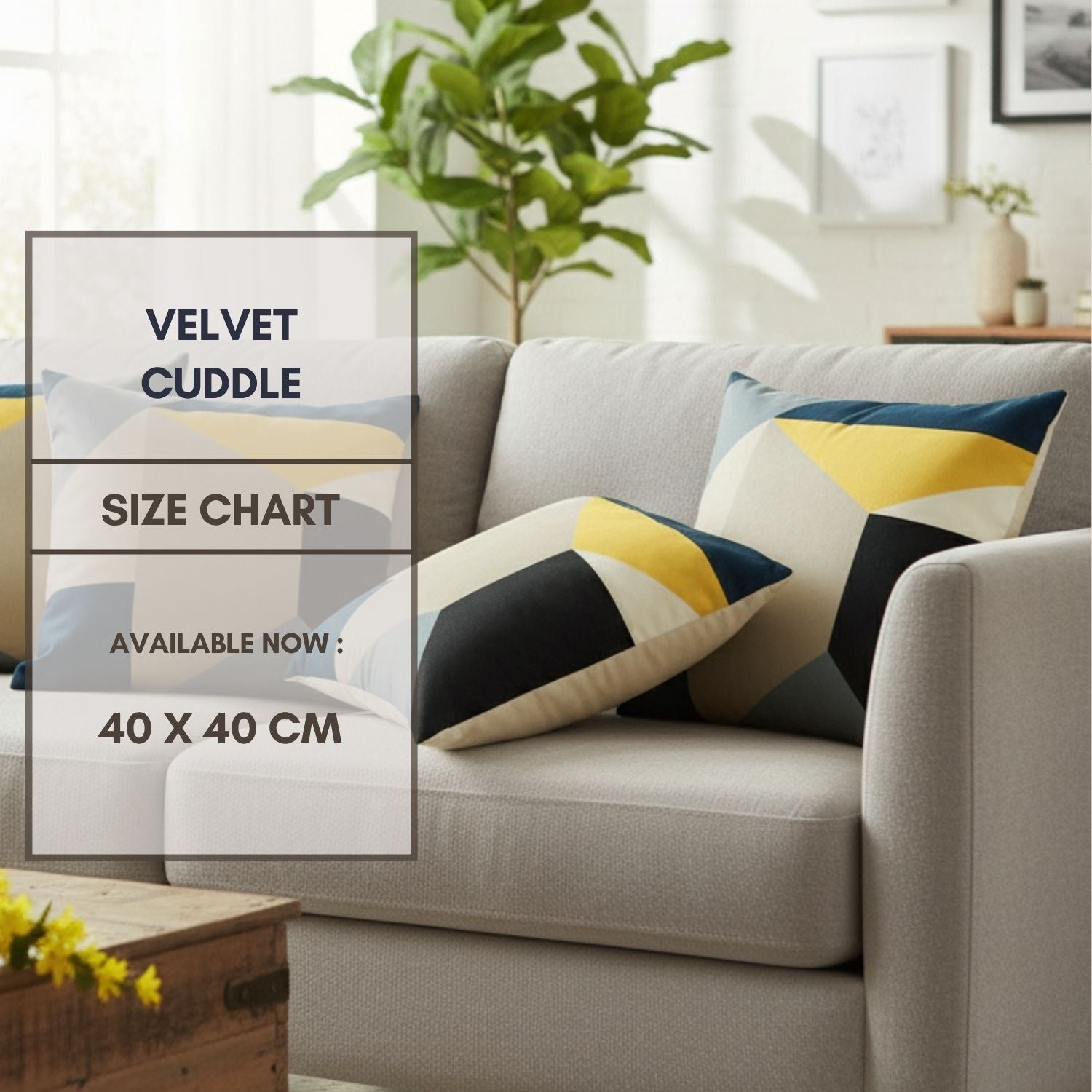  Loosebucket Velvet Cuddle Cushion Covers Gray sofa with colorful cushions in a living room setting, featuring a size chart overlay.