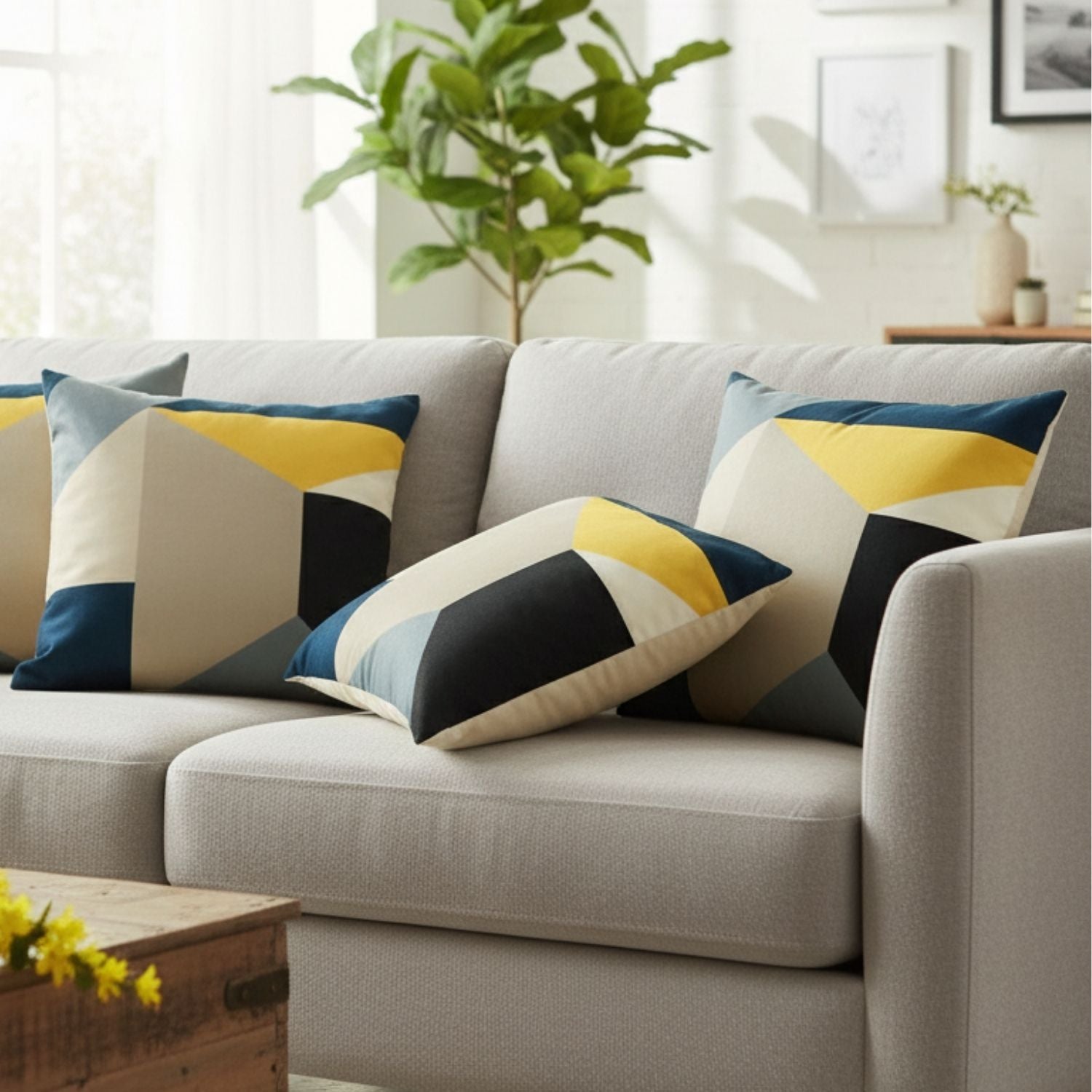 Loosebucket Velvet Cuddle Cushion Covers ,Gray sofa with colorful geometric cushions in a living room setting
