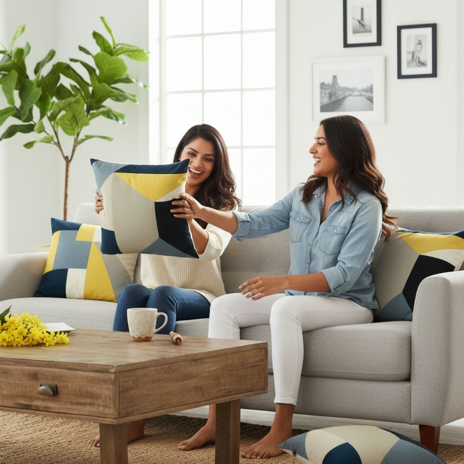 Loosebucket Velvet Cuddle Cushion CoversTwo women sitting on a couch with colorful Cushions in a bright living room.