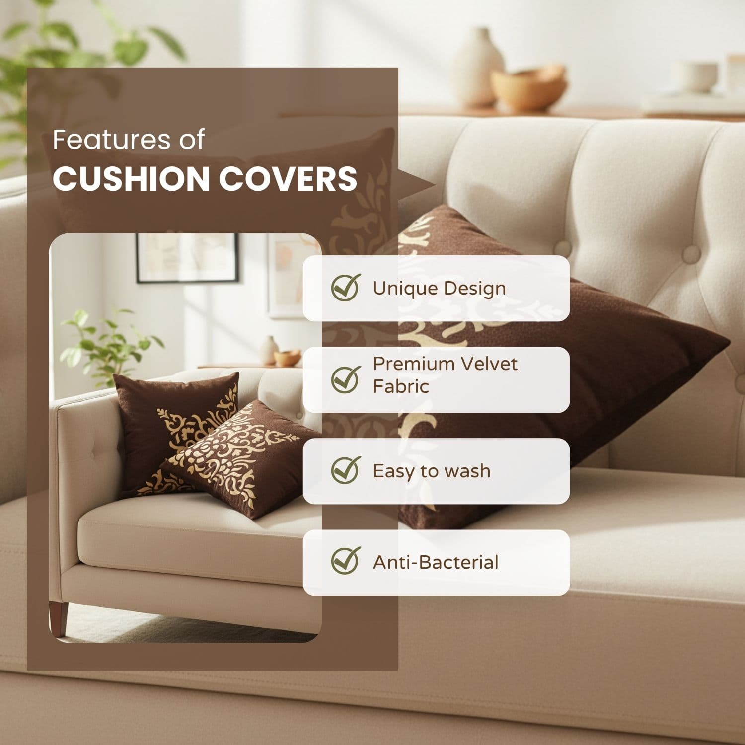 Loosebucket Brown Town Cushion Covers Cushion covers on a sofa with features listed