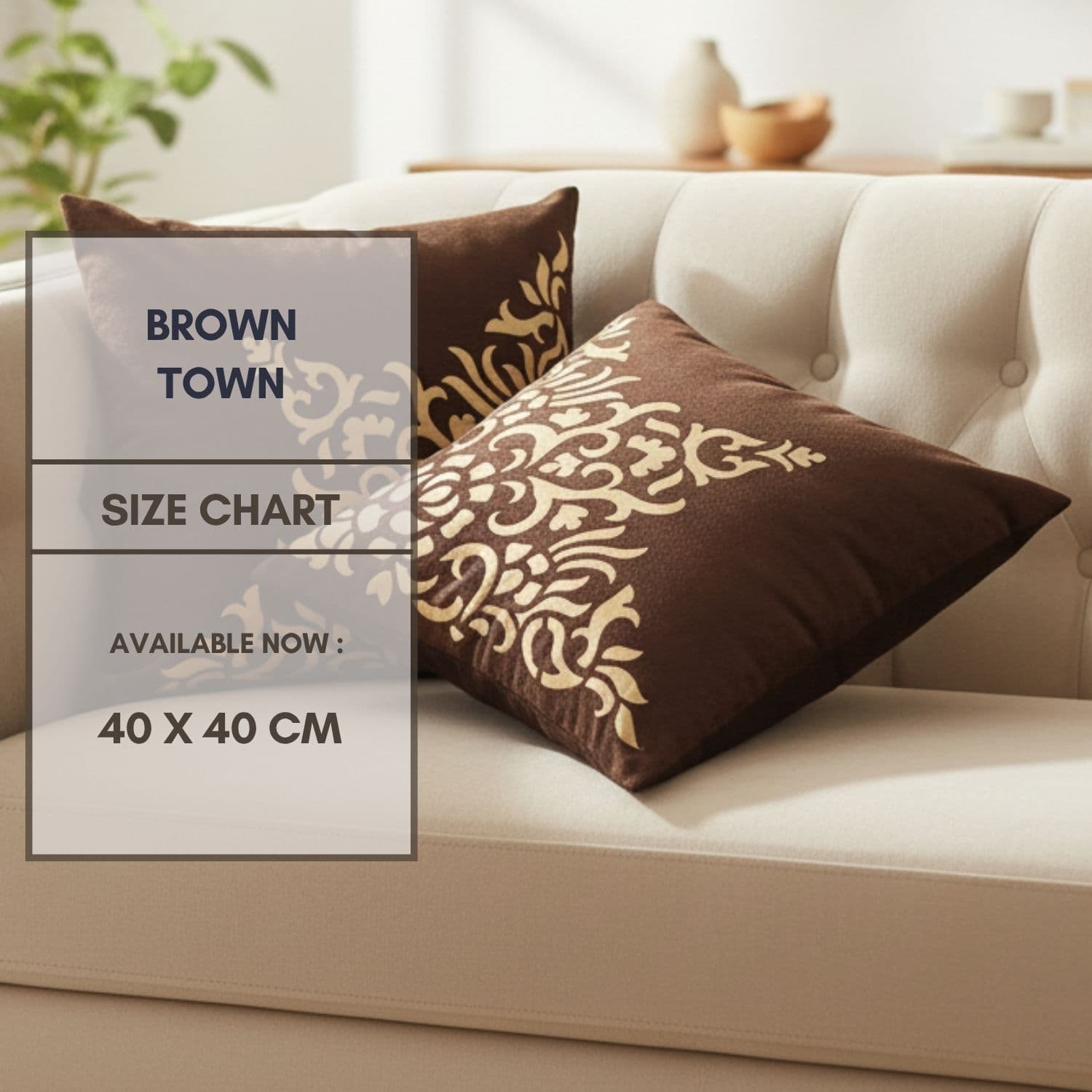 Loosebucket Brown Town Cushion Covers Decorative brown cushions  with gold pattern on a beige sofa, size chart overlayed.