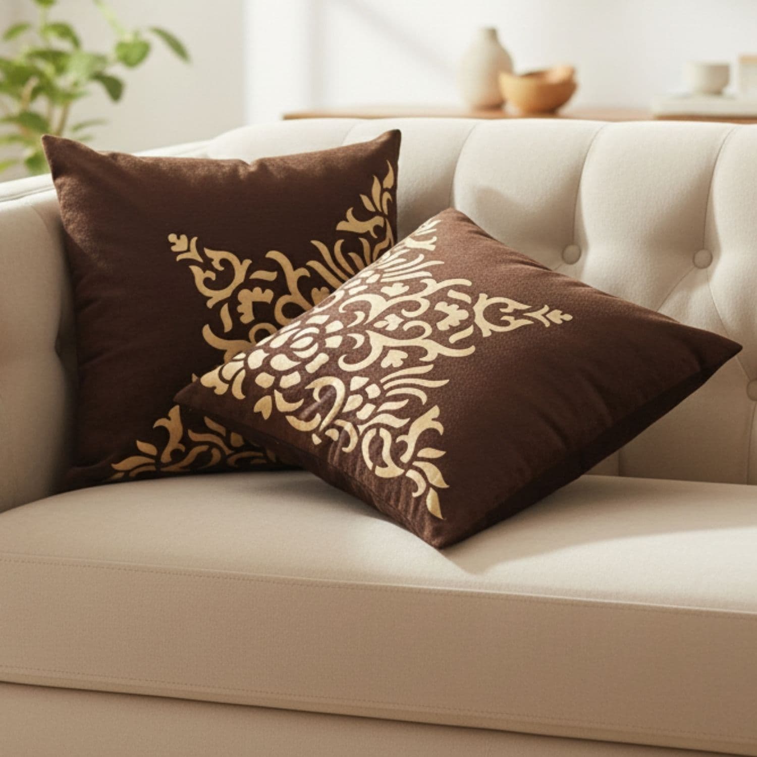 Loosebucket Brown Town Cushion Covers Decorative brown cushions with gold patterns on a beige sofa.