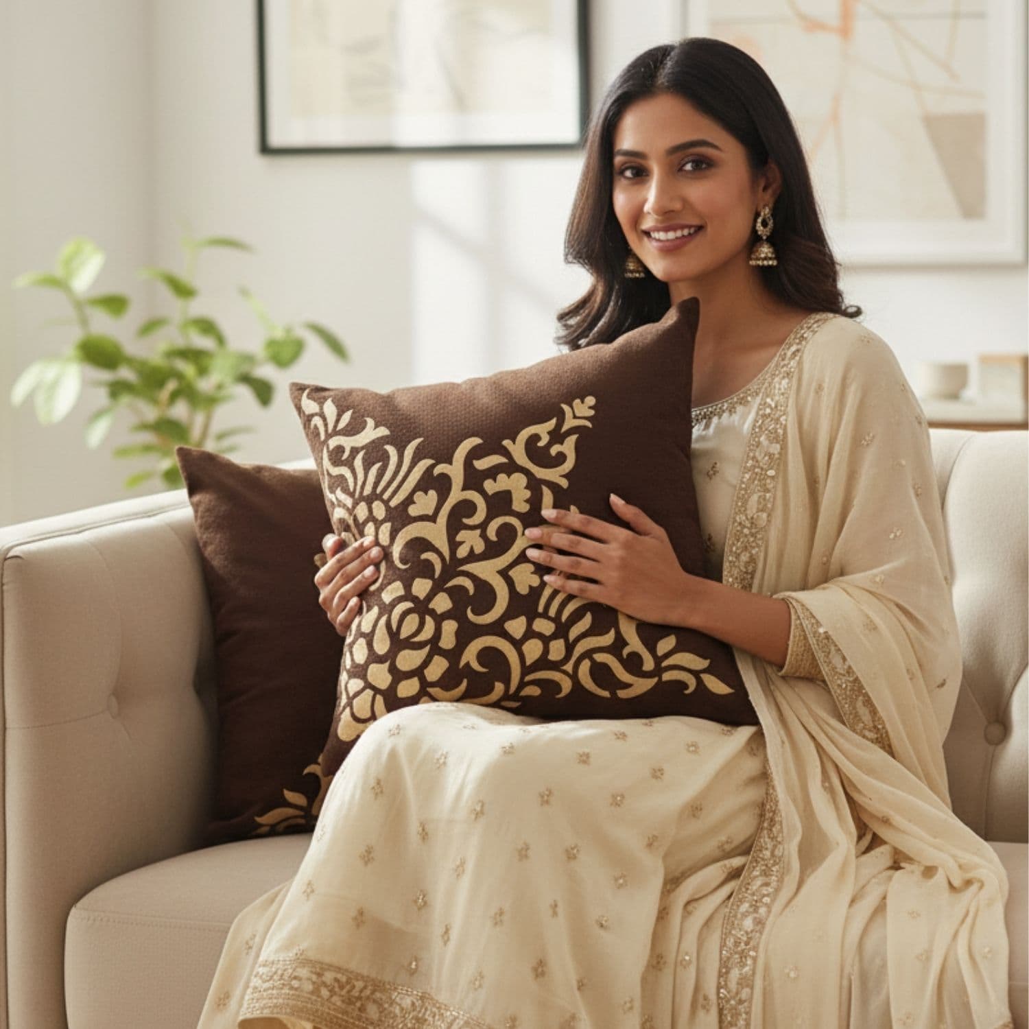 Loosebucket Brown Town Cushion Covers ,Woman holding a decorative Cushions  on a couch in a living room setting