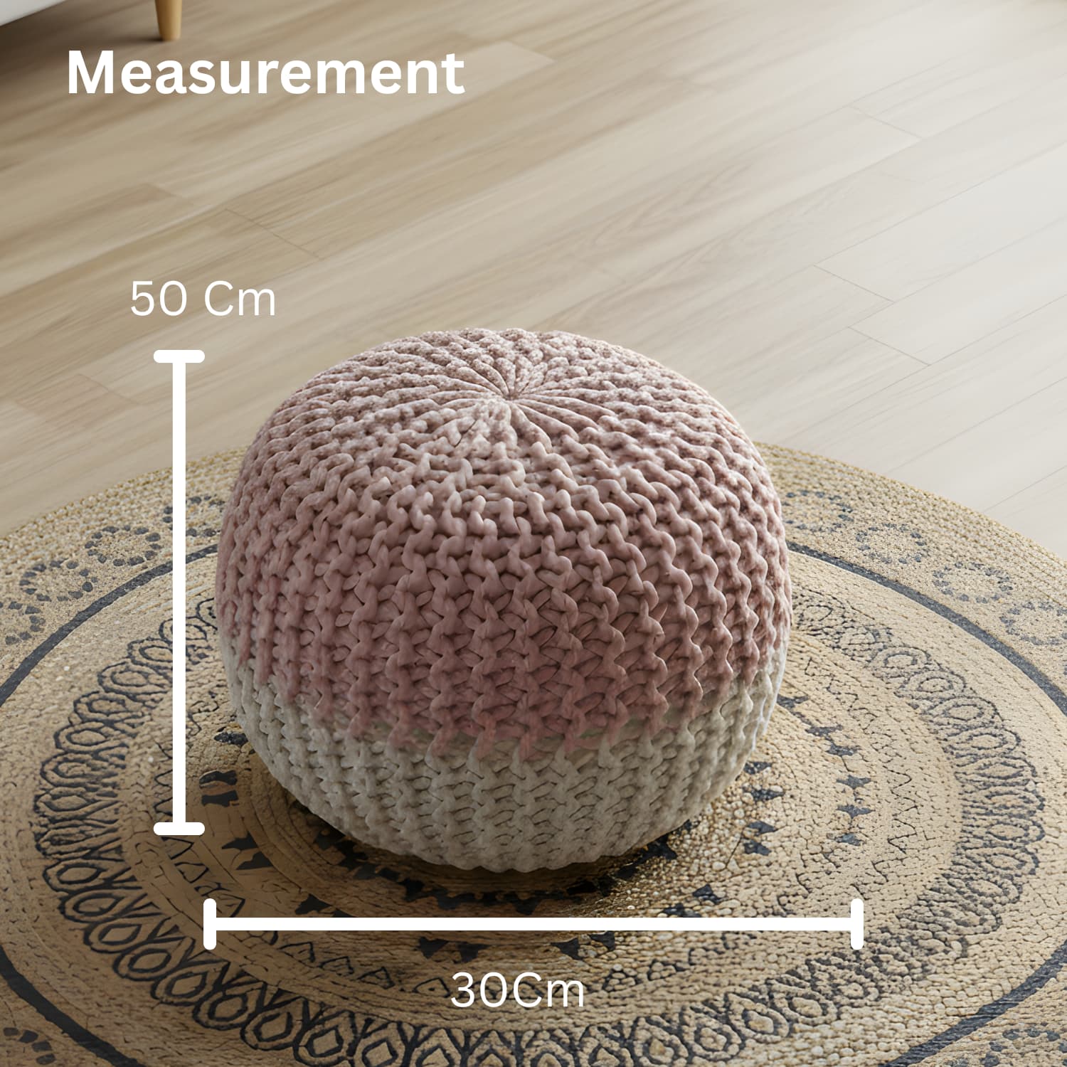 Loosebucket Knitted pouf with measurements on a wooden floor