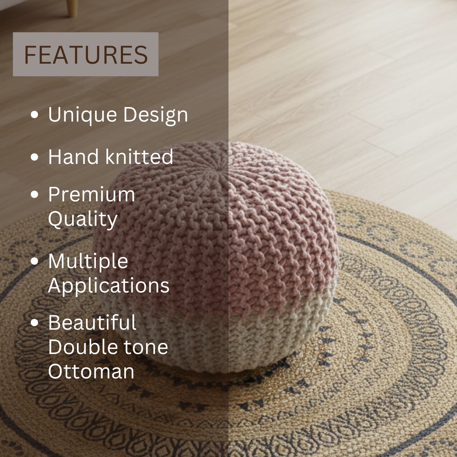 Loosebucket  Hand knitted ottoman with features listed.