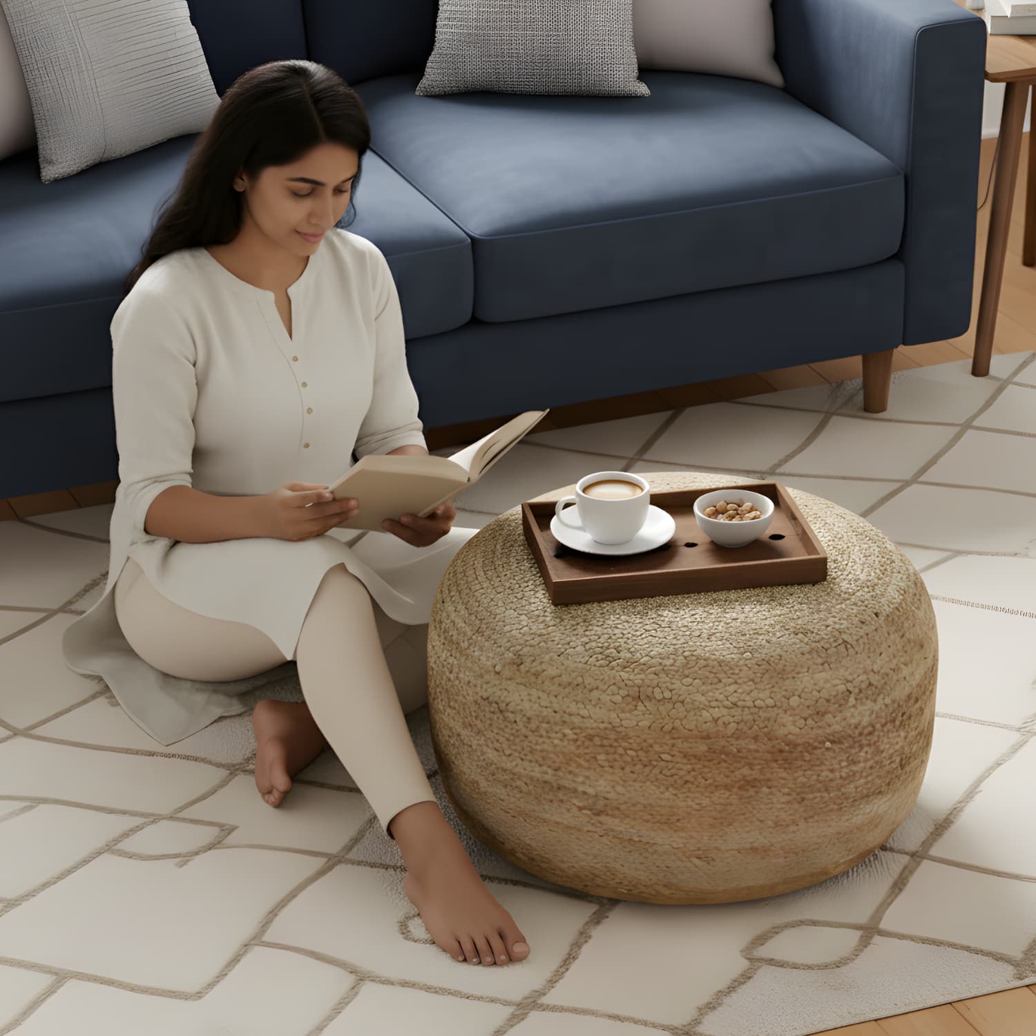 Loosebucket Woman reading a book on the floor next to a textured ottoman with a tray of coffee and snacks.