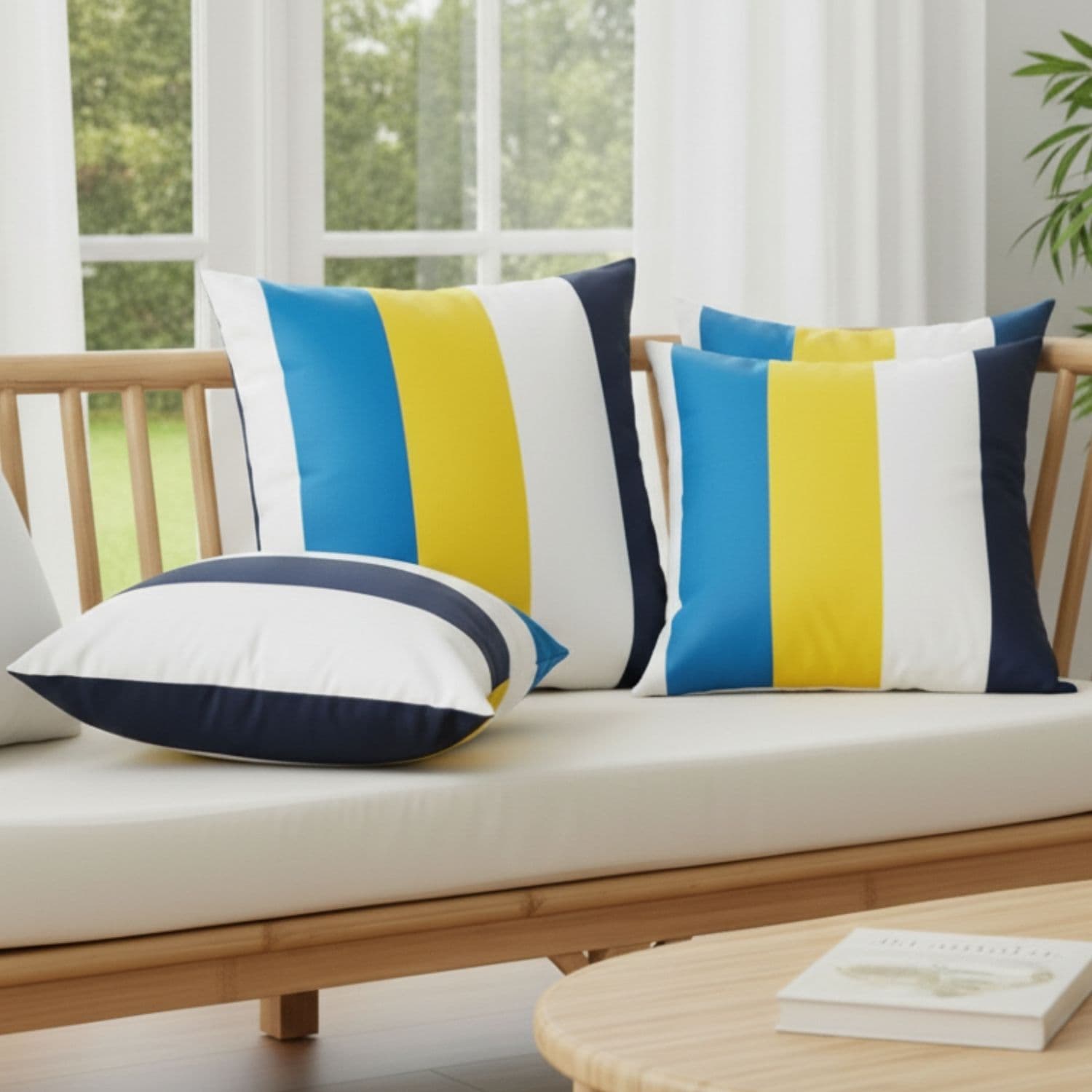 Loosebucket Italiano Cushion covers, Striped cushions blue, yellow, and white on a wooden sofa with a blurred outdoor background.