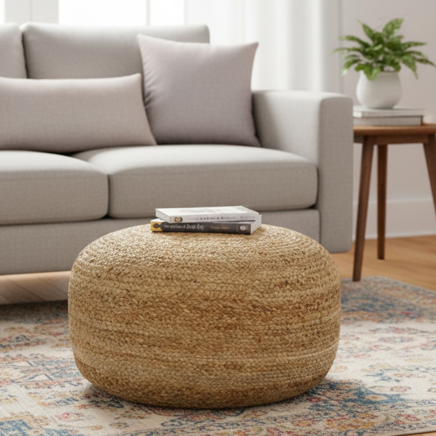 Loosebucket Woven ottoman in front of a gray sofa with books on top, in a living room setting.