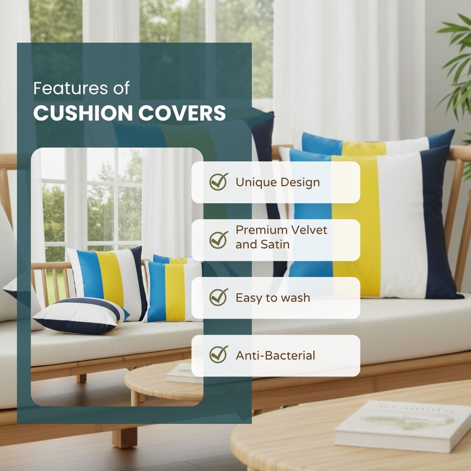 Loosebucket Italiano Cushion covers, Cushion covers on a sofa with features listed on a transparent overlay