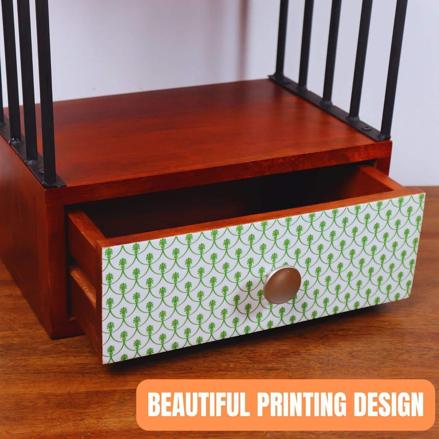 The Green Bellezza Wooden Kitchen Organizer featuring a walnut brown frame with black metal accents, showcasing a decorative drawer with green patterned design. Multi-tier storage rack with solid mango wood construction, perfect for kitchen and living area organization.