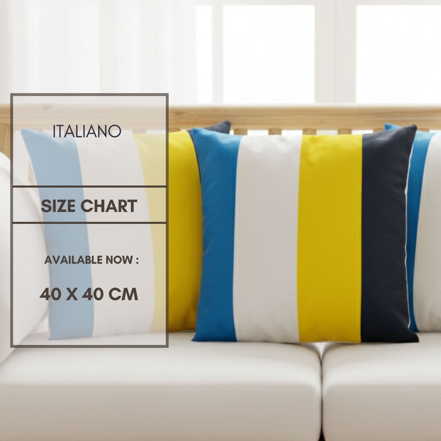 Loosebucket Italiano Cushion covers, Colorful striped cushions on a sofa with an 'Italiano' size chart overlay.