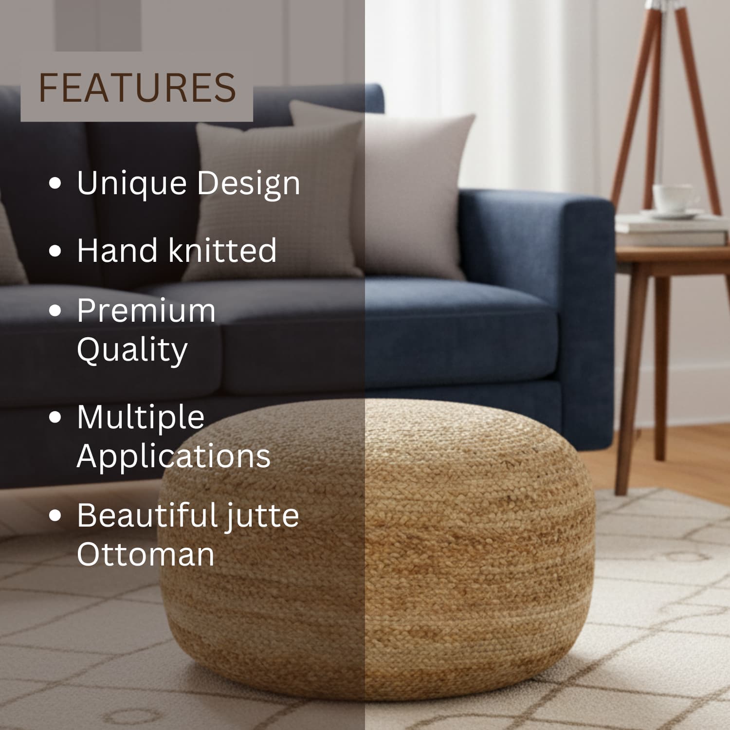 Loosebucket Woven ottoman in a living room setting with text highlighting features.