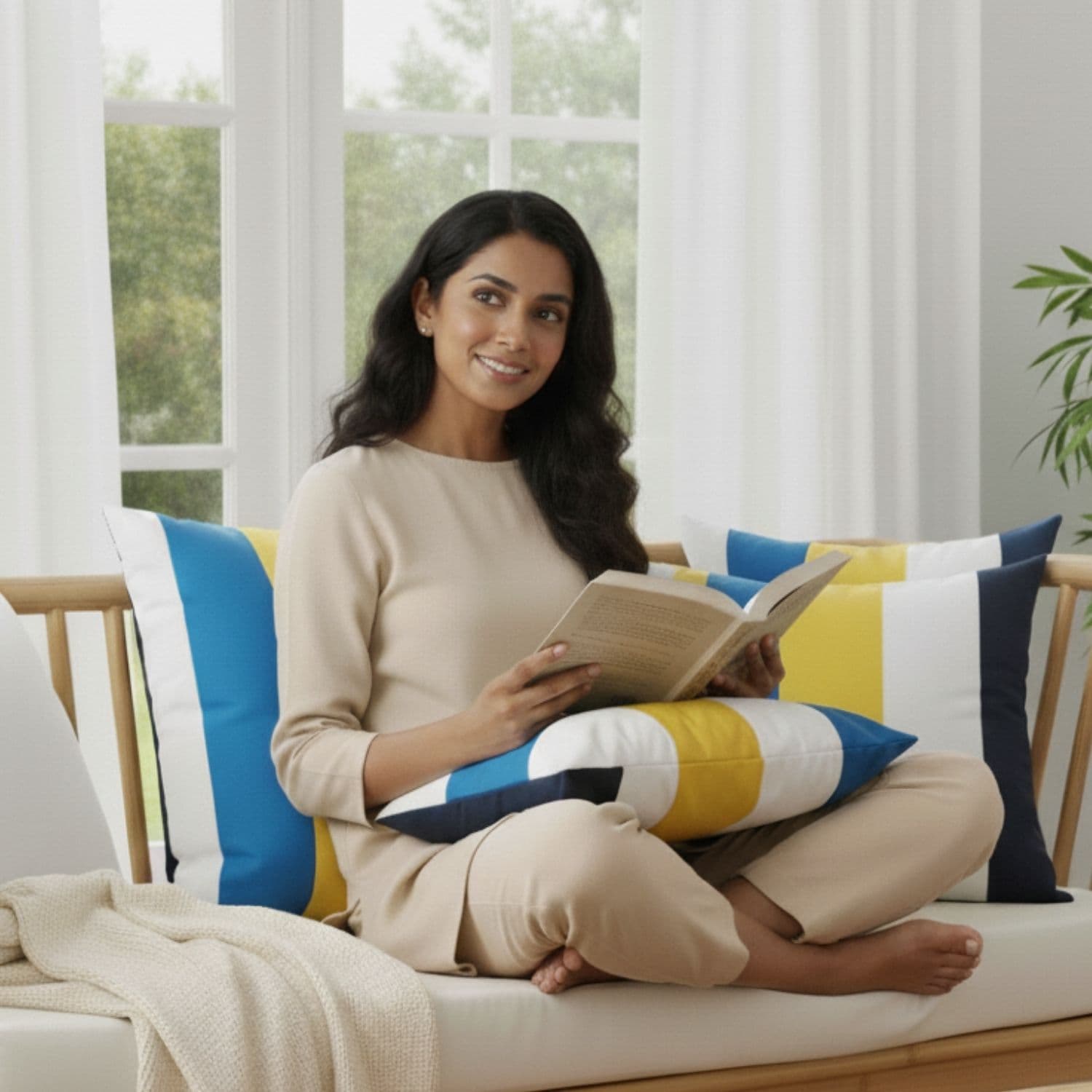 Loosebucket Italiano Cushion covers, Woman reading a book on a couch with colorful cushion covers