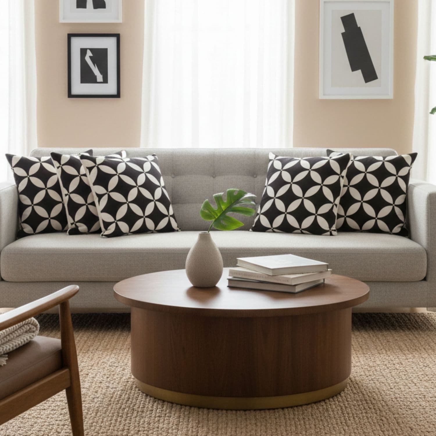 Loosebucket Black Luxury cushion covers,Living room with a gray sofa, patterned  cushions, a wooden coffee table, and decorative elements.