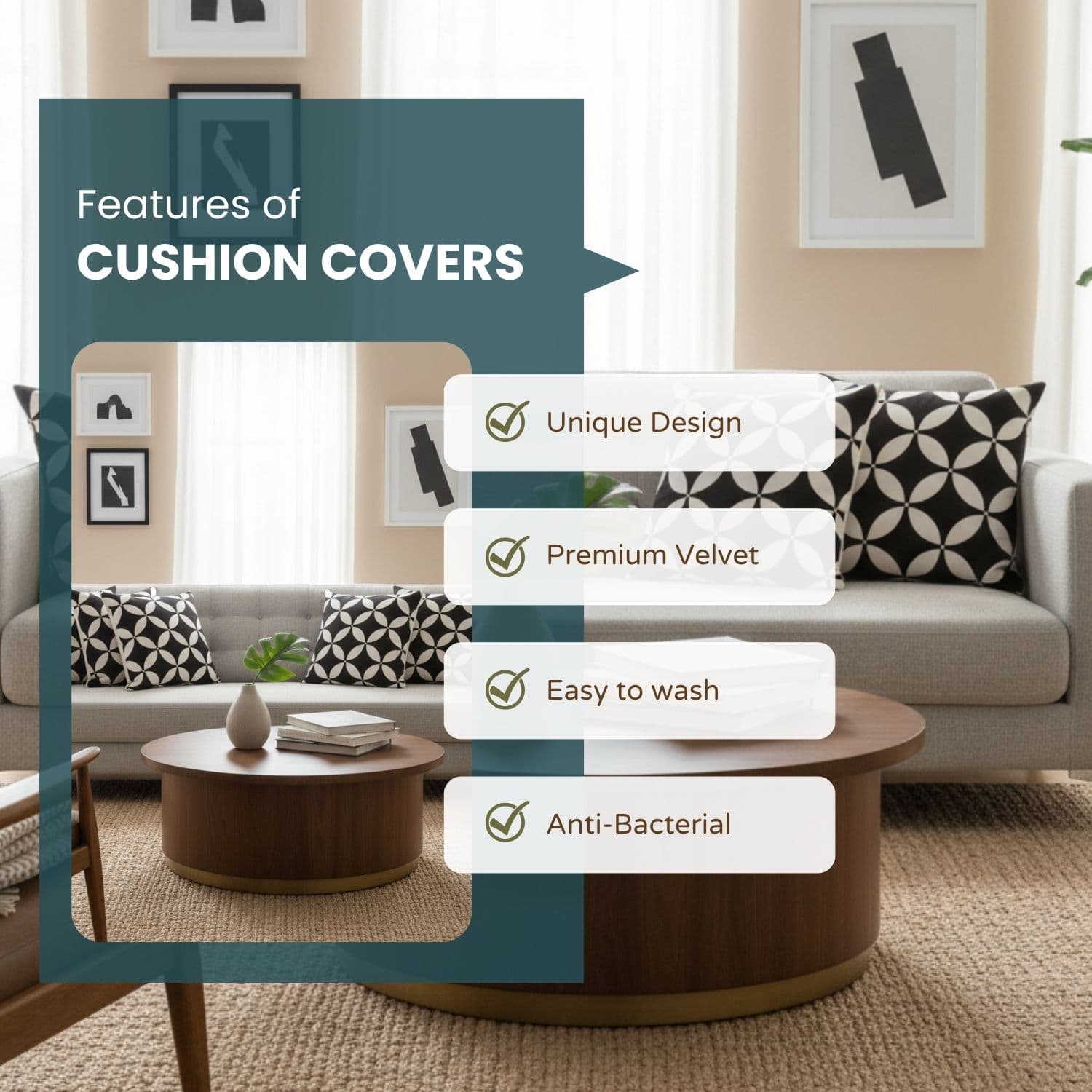 Loosebucket Black Luxury cushion covers,Living room with cushioned sofa and coffee table, featuring text on cushion cover features.