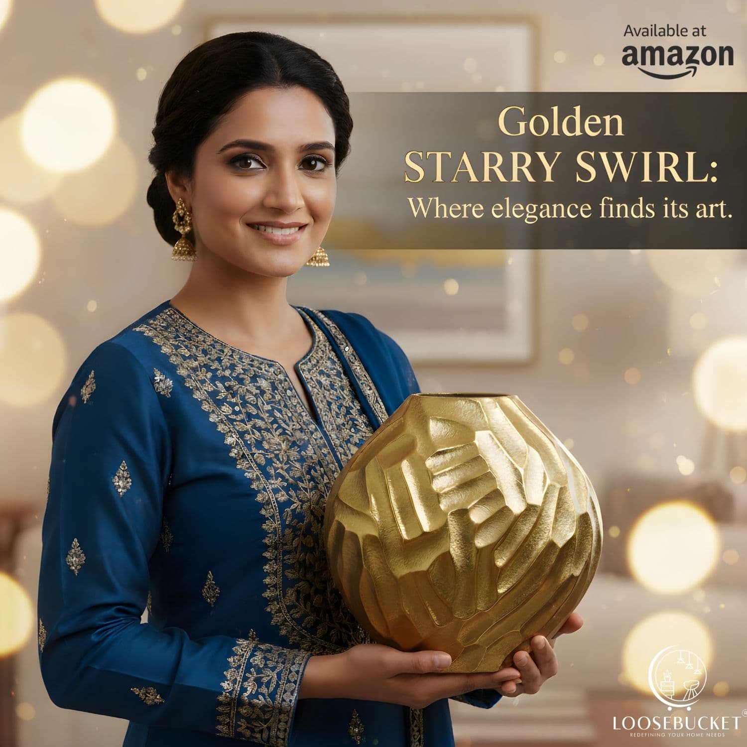 Loosebucket THE STARRY SWIRL Aluminum Vase, Woman holding a gold decorative item with 'Amazon' branding and text about 'Golden Starry Swirl'.