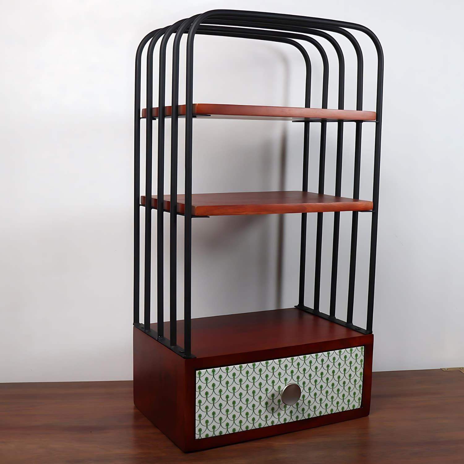 The Green bellezza Wooden Kitchen Organizer featuring three-tiered walnut brown shelves with black metal frame, decorative patterned drawer, and modern industrial design. Perfect for kitchen storage and organization with rustic mango wood construction and powder-coated finish.