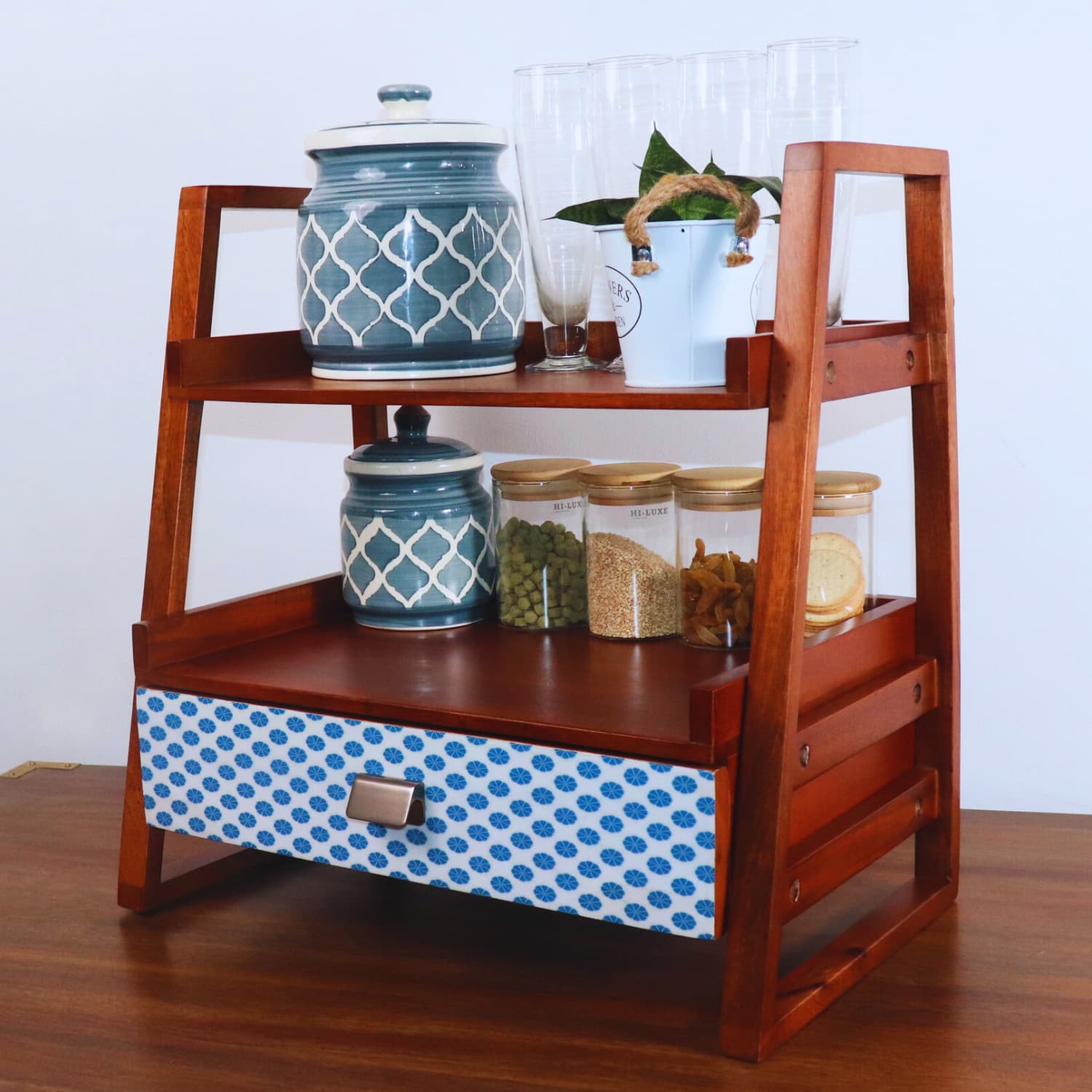 The Blue Bloom Kitchen organizer in mango wood collection picture