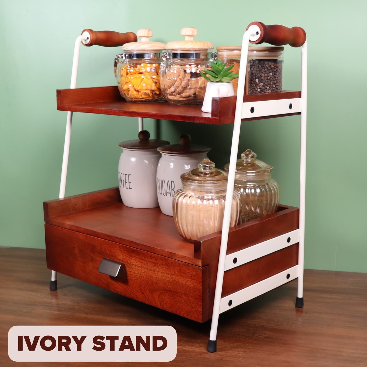Loosebucket Wooden storage Rack with glass jars on a green background