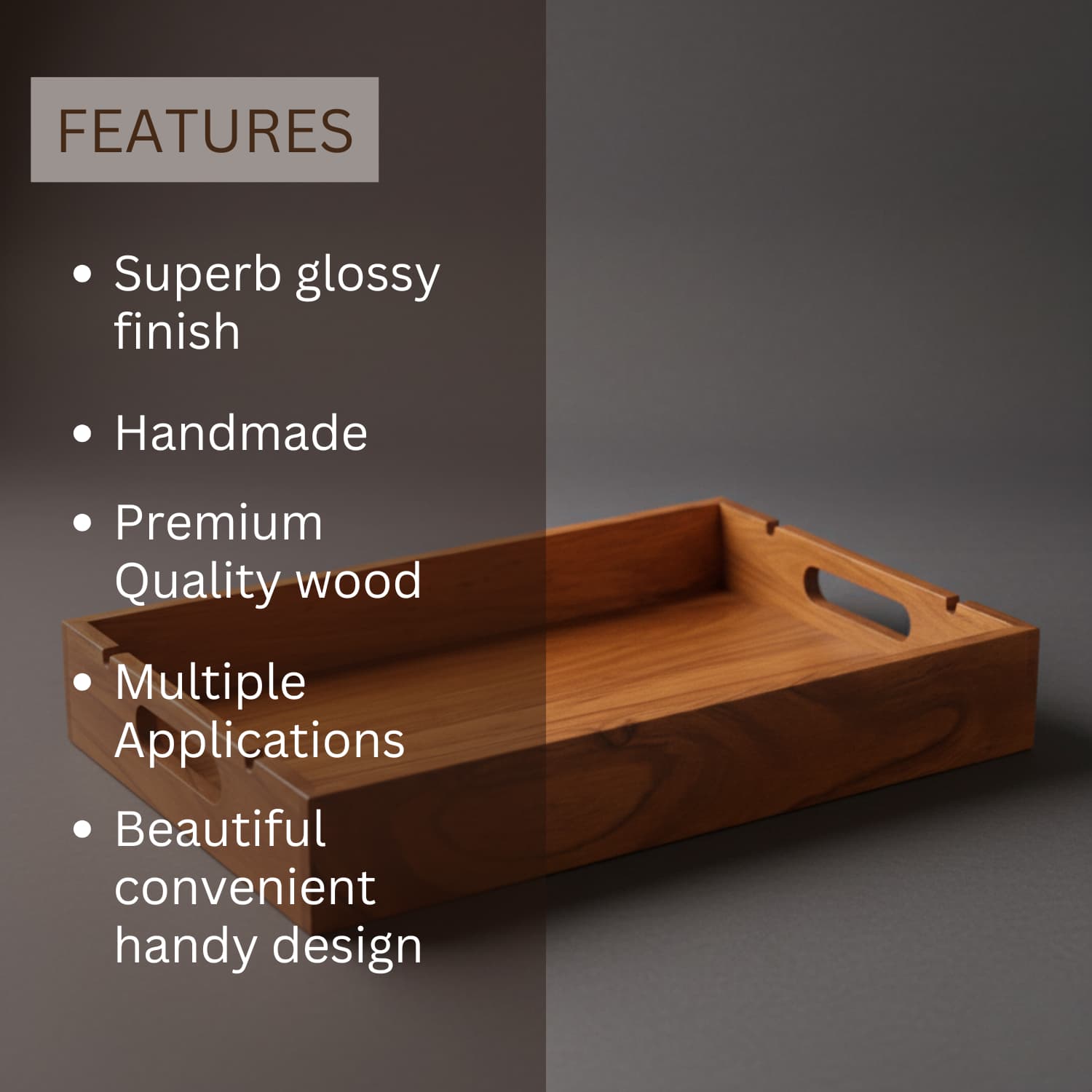 Loosebucket Wooden tray with features listed on a dark background