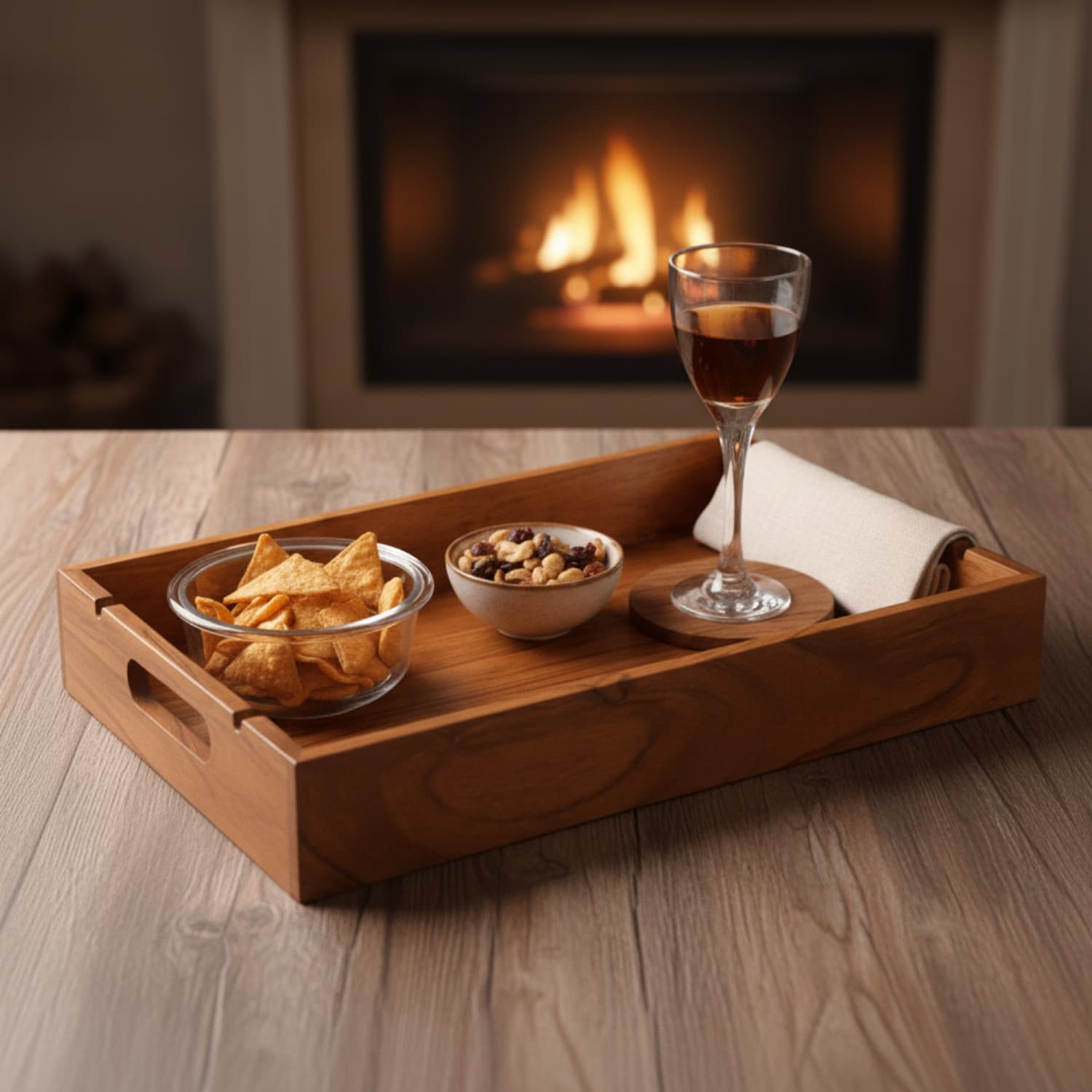 Loosebucket Wooden tray with chips, nuts, and a glass of red wine in front of a fireplace.