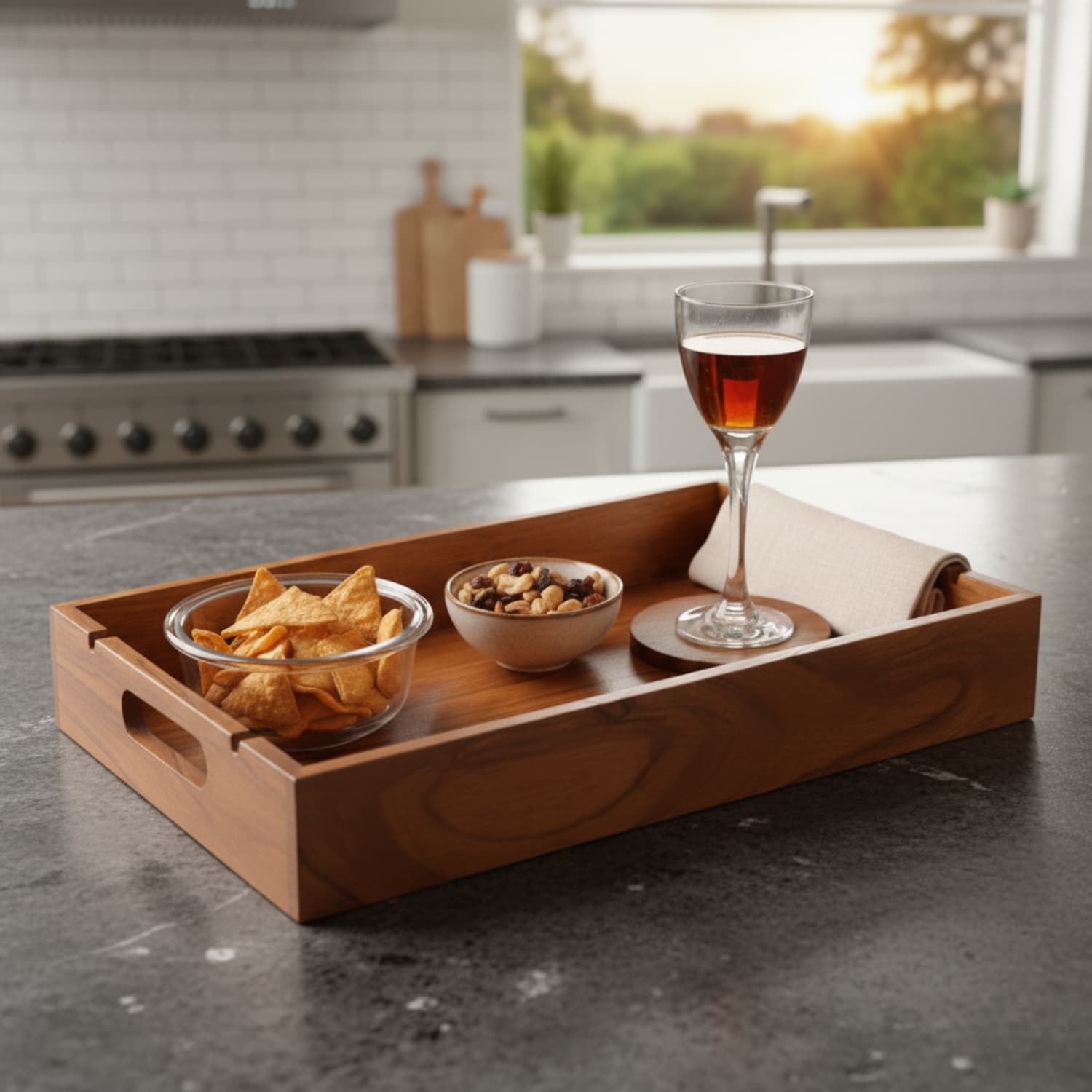 Loosebucket Wooden tray with snacks and a glass of wine on a kitchen counter