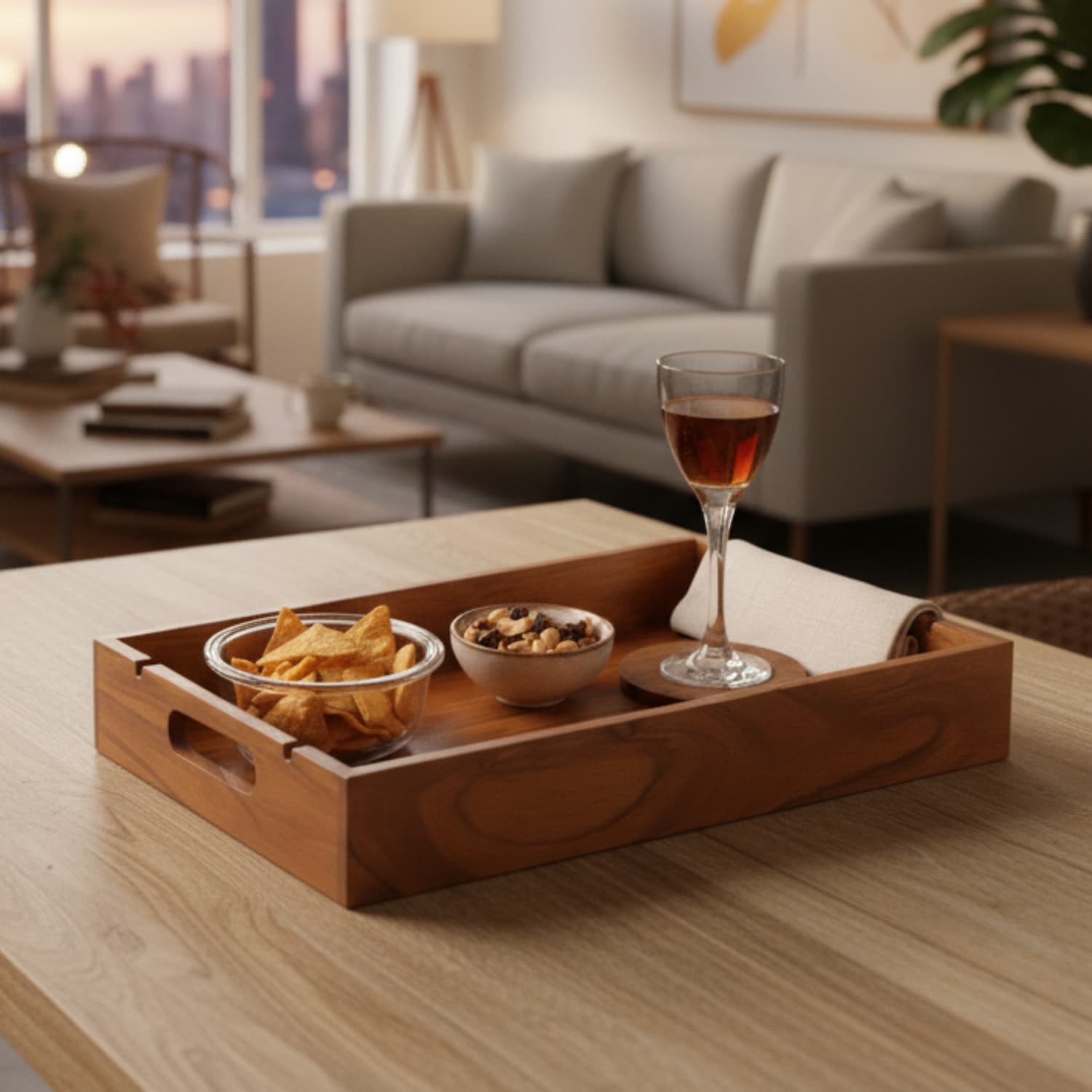 Loosebucket Wooden tray with snacks and a glass of wine on a table in a cozy living room.