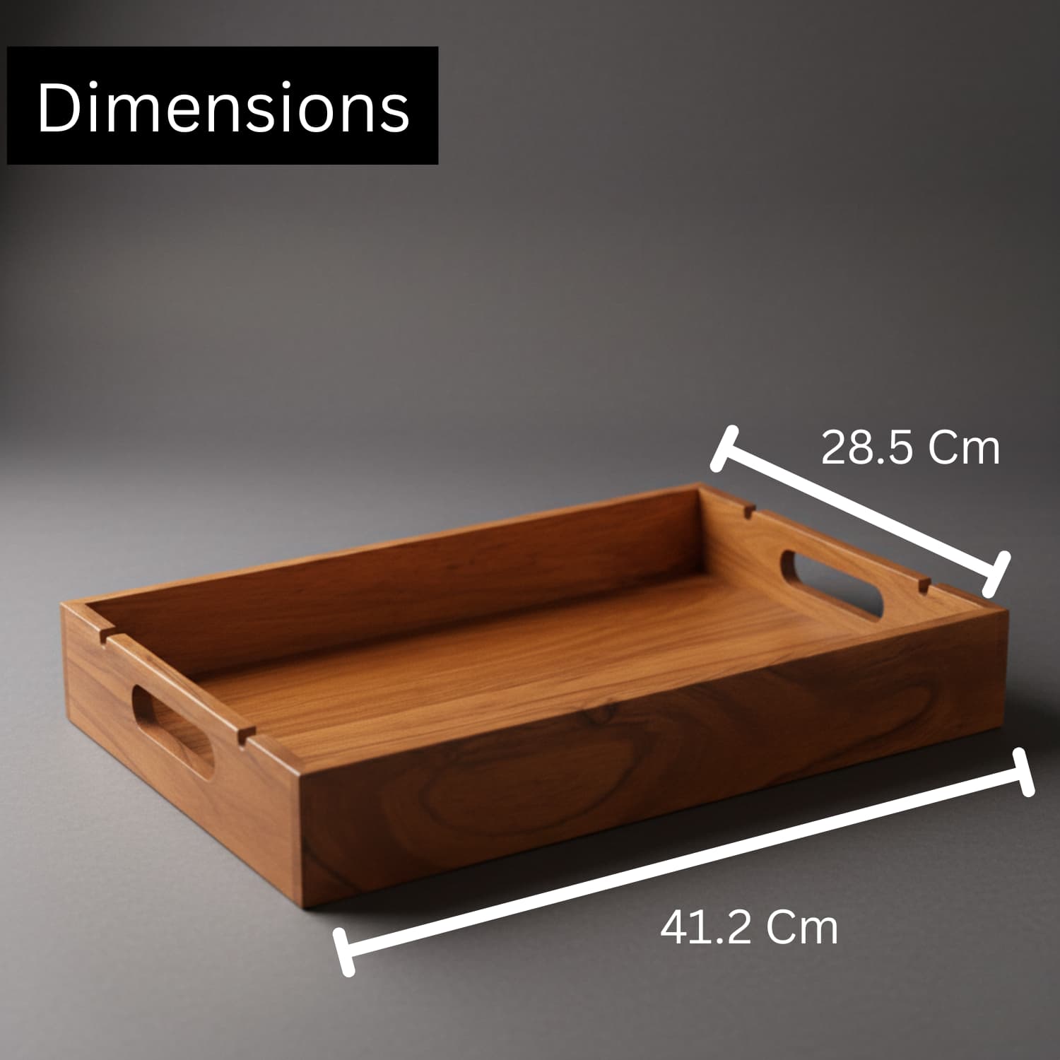 Loosebucket Wooden tray with measurements on a gray background
