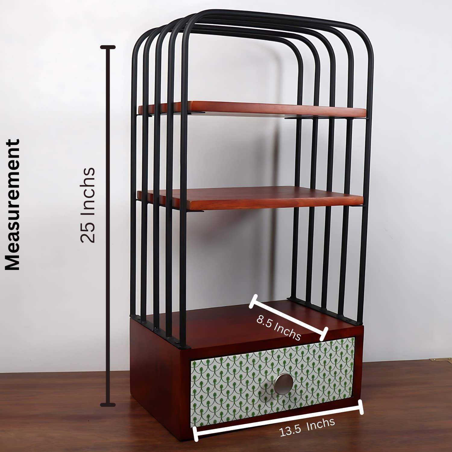 The Green Bellezza wooden kitchen organizer featuring three-tier walnut brown shelves with black metal frame, decorative drawer with mint pattern, perfect for kitchen storage and organization. Modern rustic design with mango wood construction and powder-coated finish.