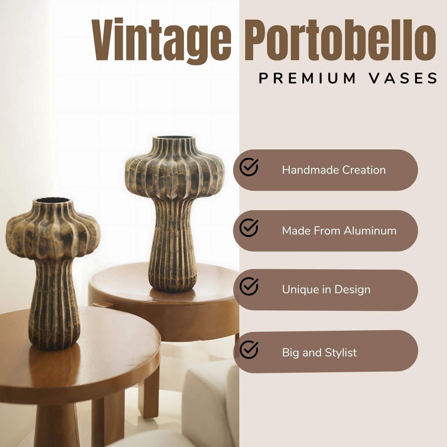 Premium Vintage Portobello Aluminum Vases displayed on wooden pedestals, featuring two mushroom-shaped vases in antique golden brown finish. Set includes 16-inch and 12-inch handcrafted pieces with ribbed texture and cylindrical stems, shown against neutral background with product features.