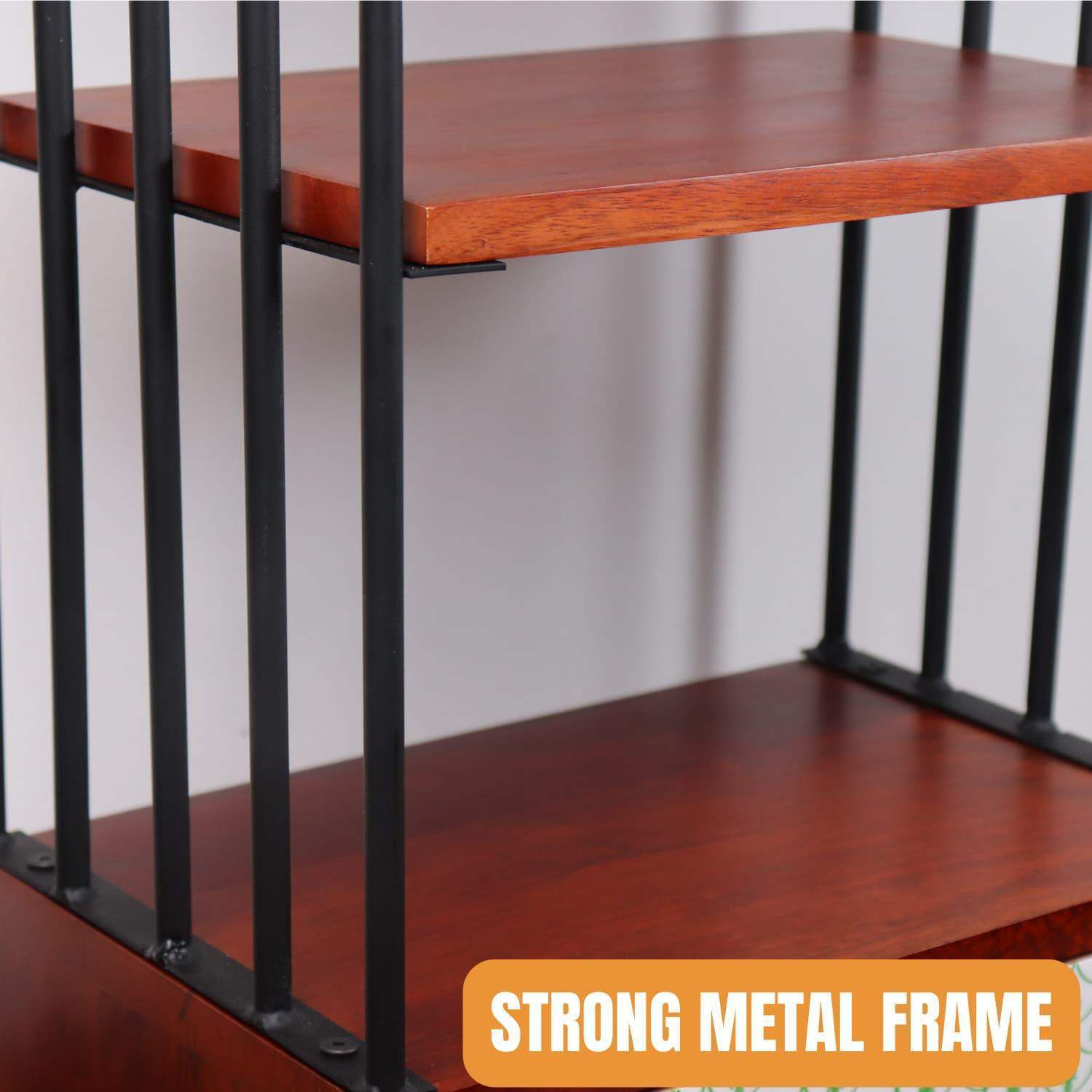 The Green bellezza Wooden Kitchen Organizer featuring walnut brown wooden shelves with black metal powder-coated frame, showcasing strong vertical support bars and multiple storage levels for kitchen organization and storage solutions.