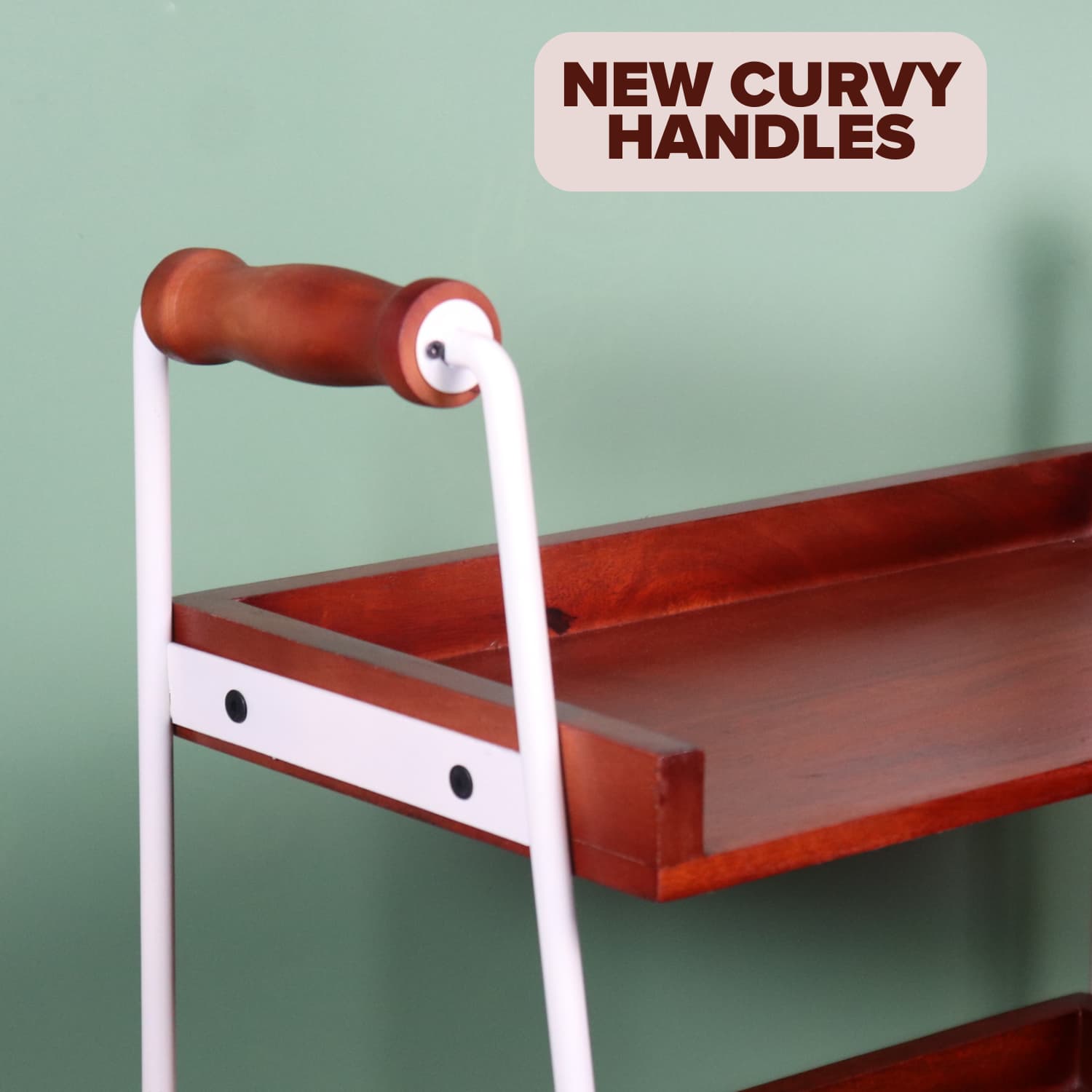Loosebucket Wooden shelf with curvy handles on a green background