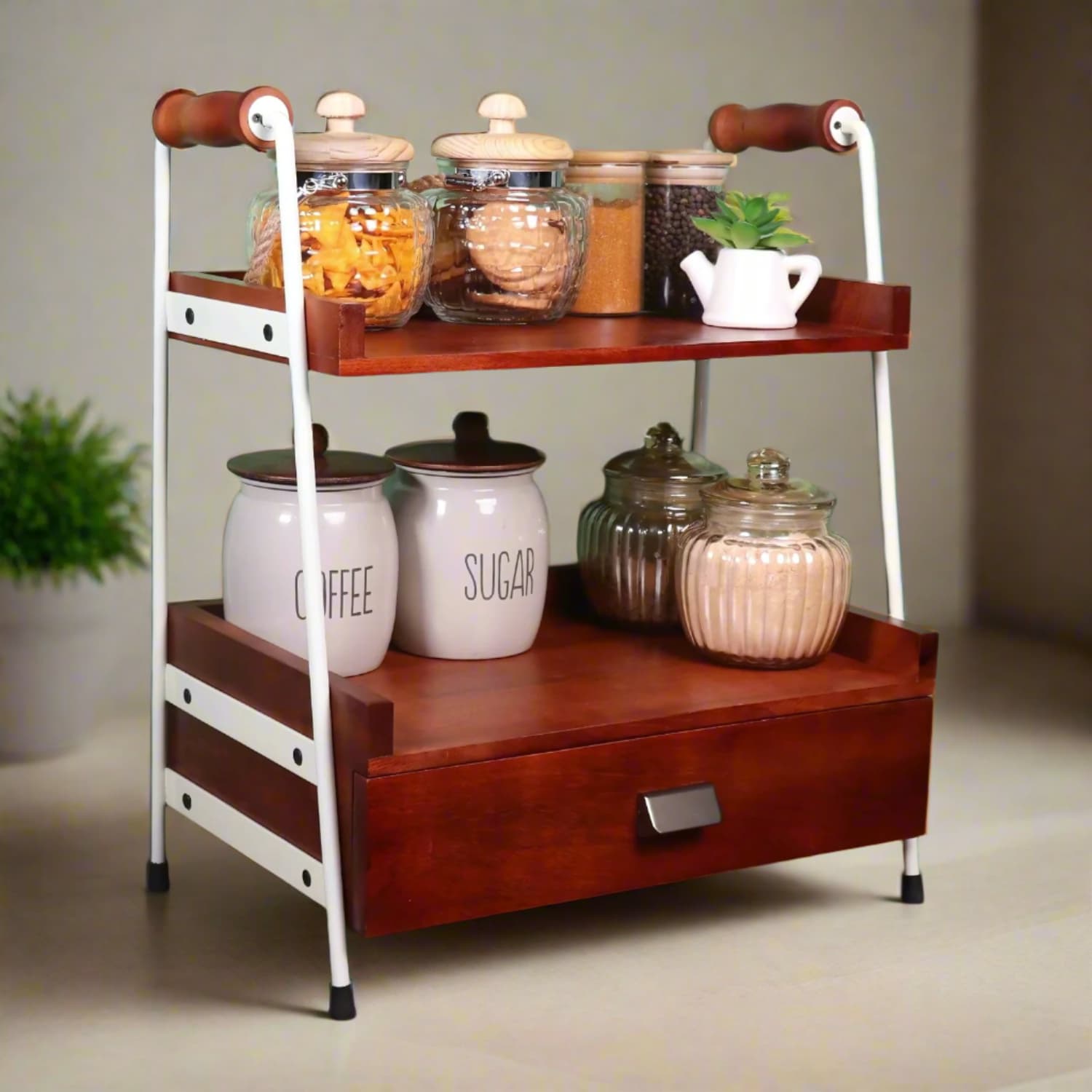 Loosebucket Wooden kitchen rack with storage jars and a teapot on a neutral background