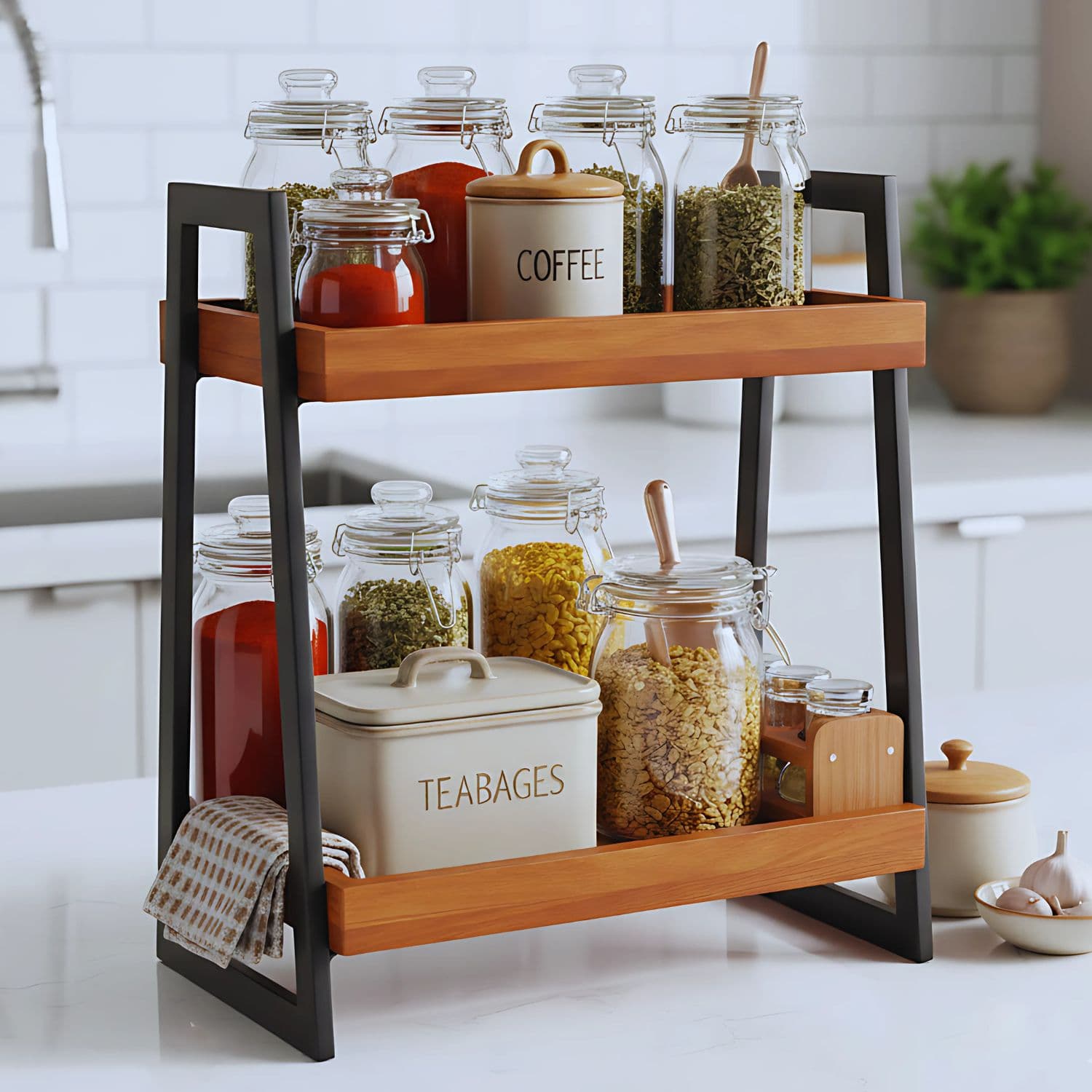 Loosebucket Linea A wooden kitchen organizer with two walnut trays and a black metal powder-coated frame, displaying various kitchen items.