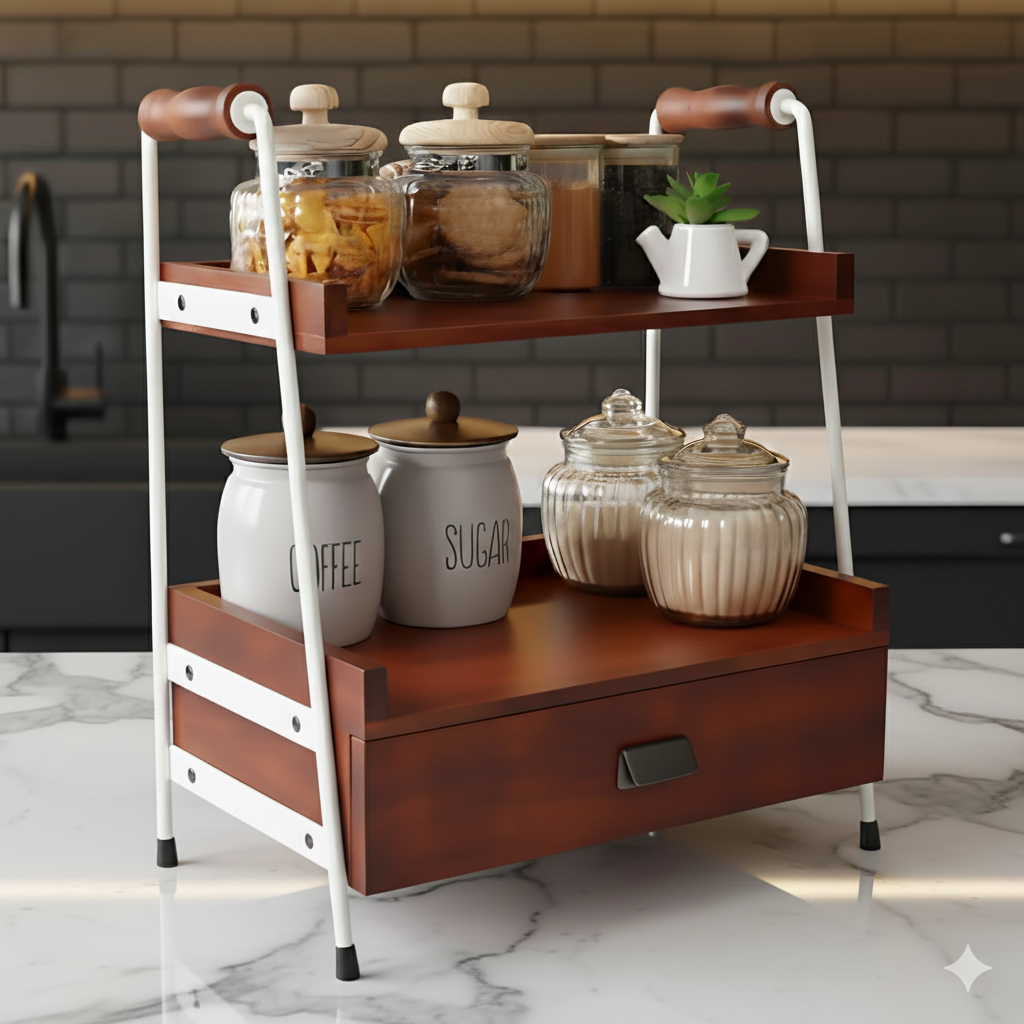 Loosebucket Lumina Wooden kitchen rack with  showcasing storage jars and a teapot on a neutral background
