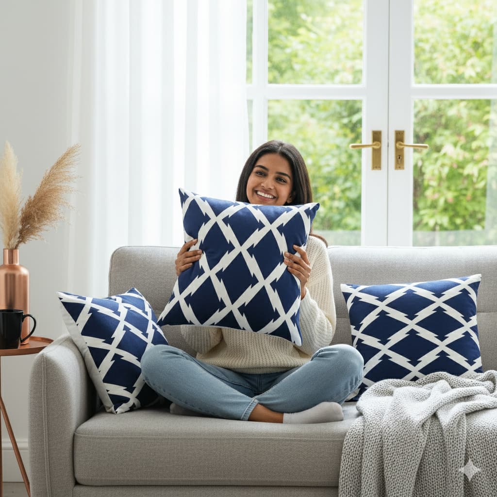 Blue Ray Velvet Cushion covers Woman holding a blue and white patterned pillow on a gray sofa with more pillows and decor items.