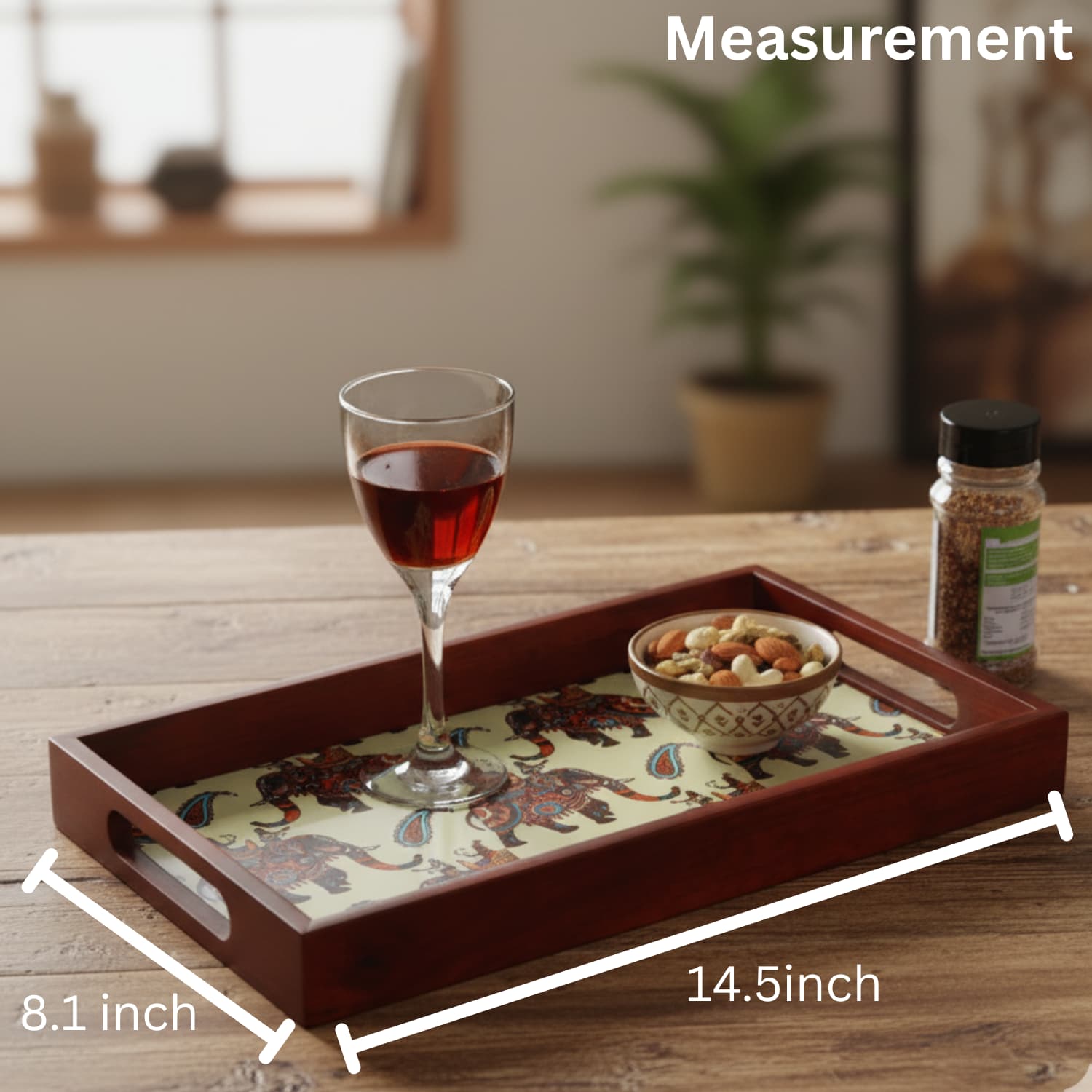 Loosebucket Walking Elephant Decorative tray with a glass of red wine and a bowl of snacks, with measurements indicated.