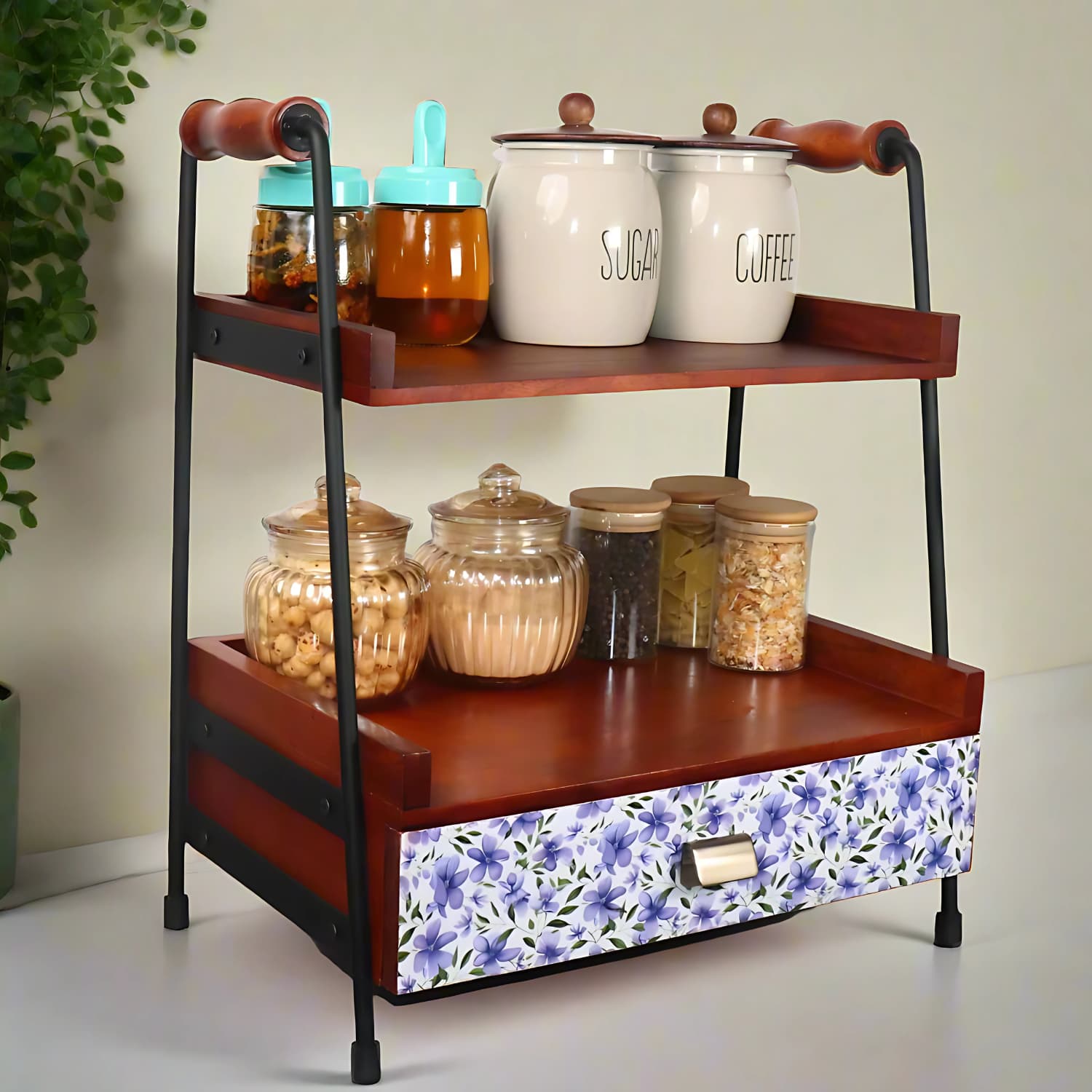 Loosebucket Whispering petals wooden kitchen organizer displaying the usage with kitchen jars and stuffs